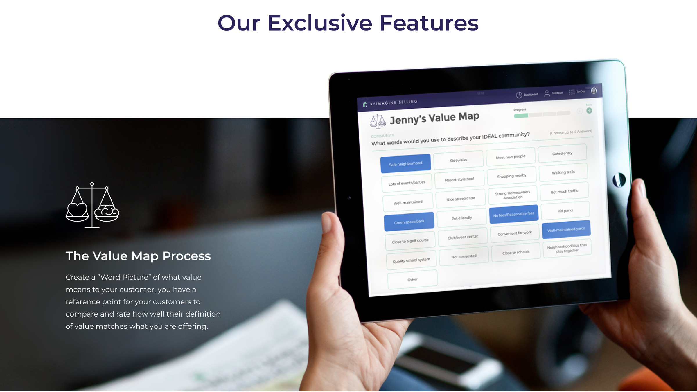 Marketing site section showing a Value Map screen on a tablet held in two hands, under the heading "Our Exclusive Features".