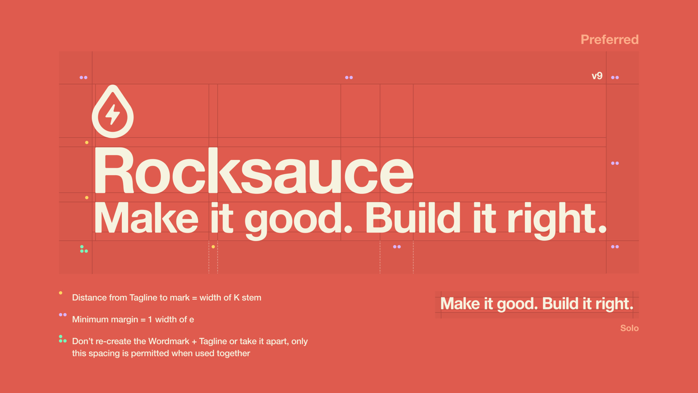 The Rocksauce wordmark and tagline "Make it good. Build it right." in cream on a coral page with spacing notes.
