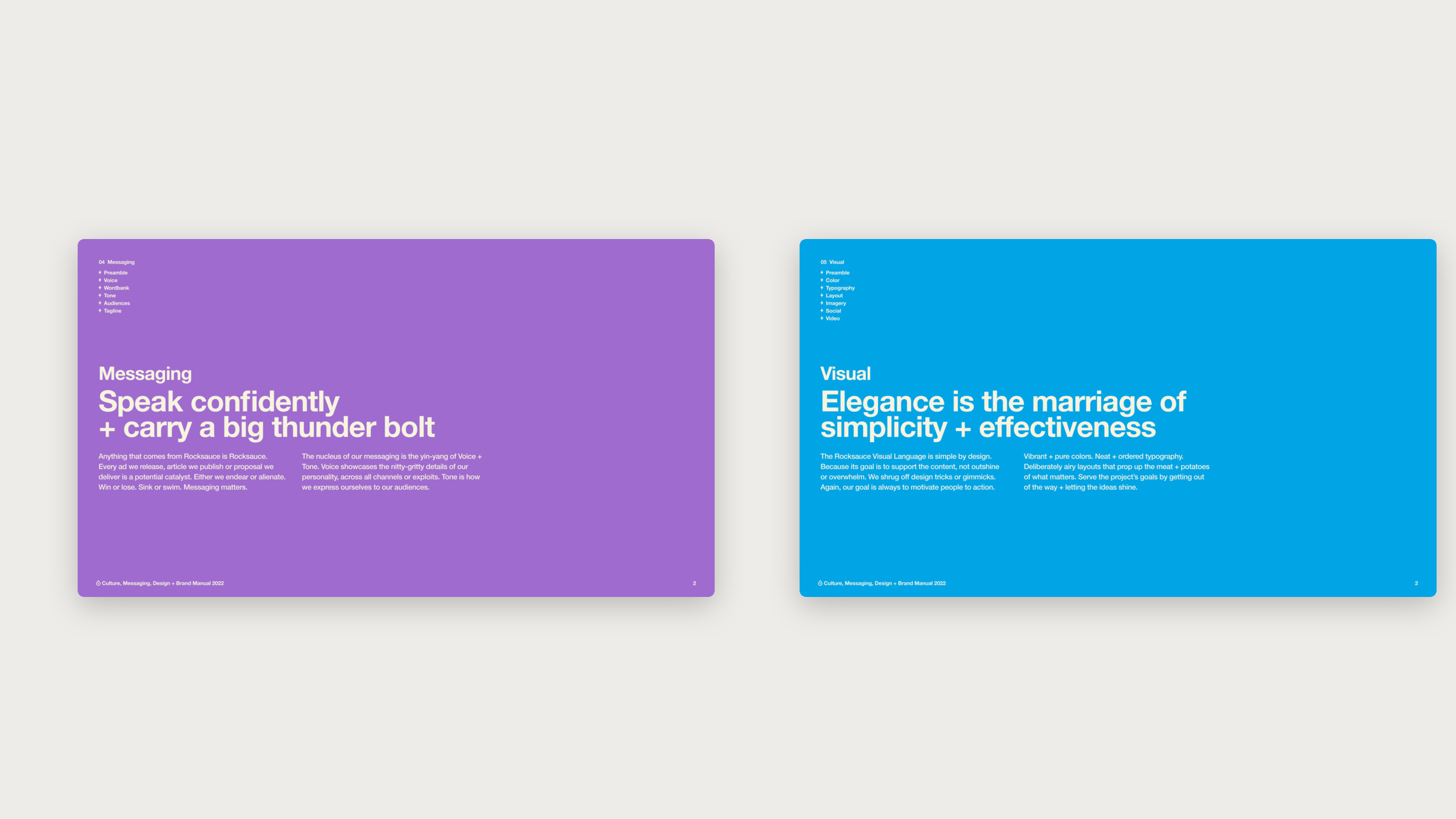 Two Culture + Brand Manual pages side by side, one violet about messaging and one blue about visual style.