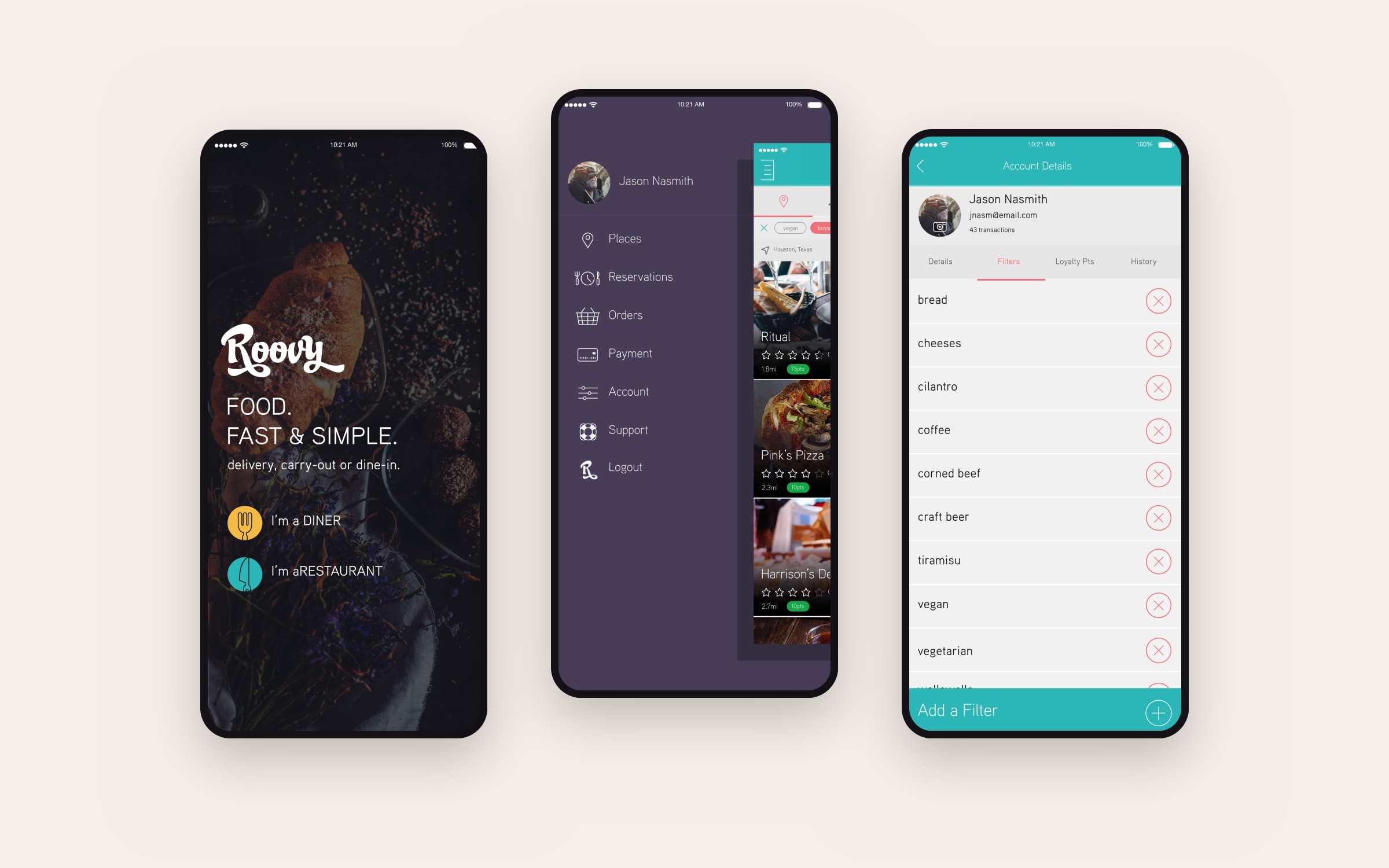 Roovy's welcome screen, the diner's menu, and their dietary filters, on three phones