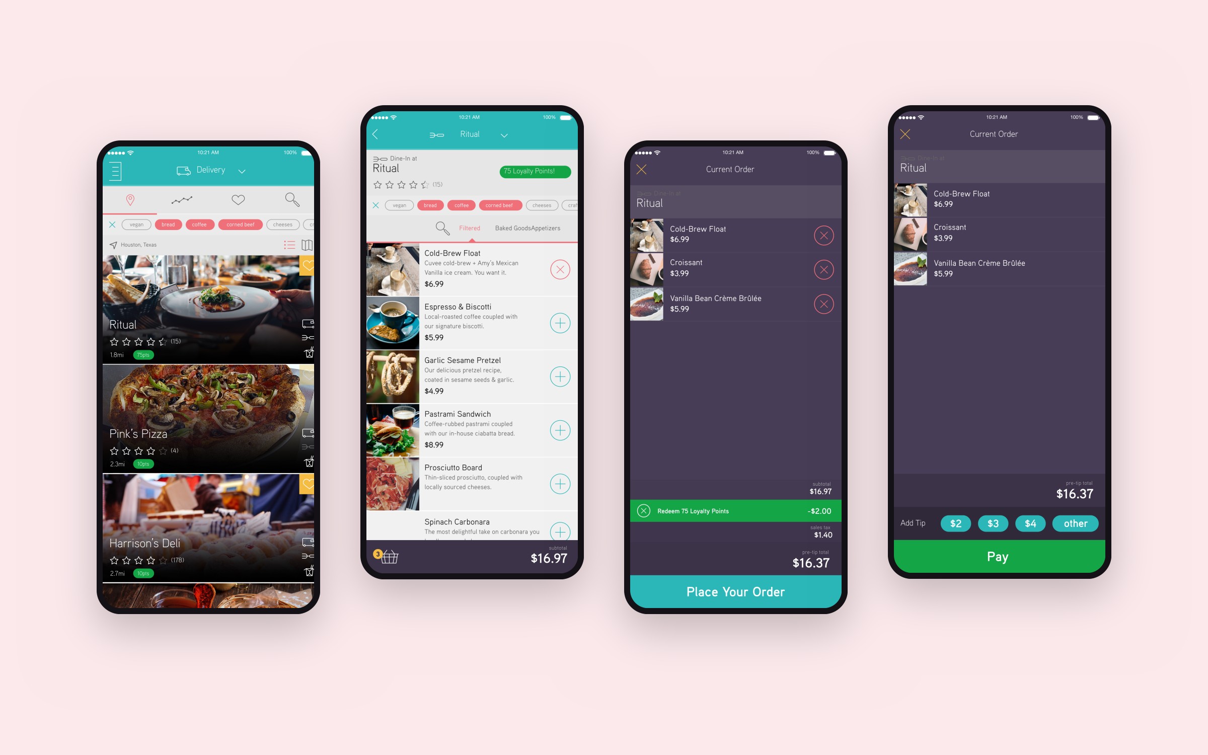 The restaurant feed, a menu, the order review and payment with a tip, on four phones
