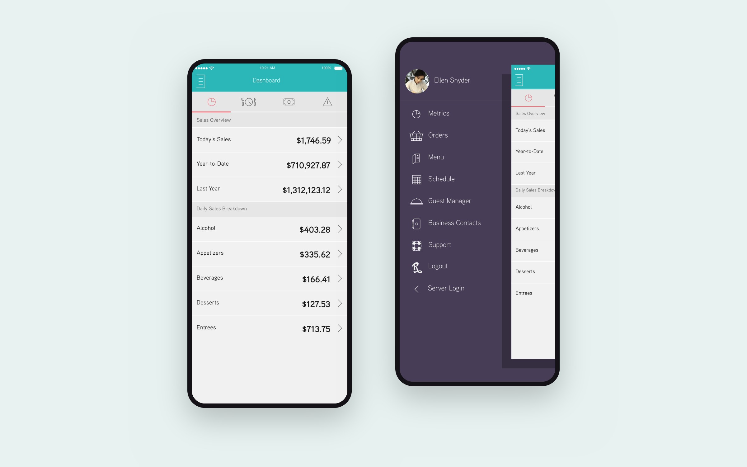 The restaurant dashboard with sales, and the owner's menu, on two phones