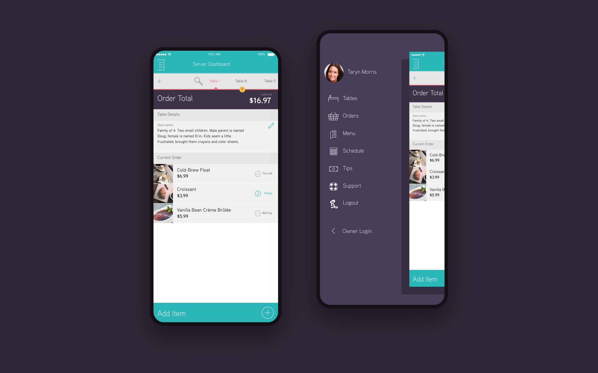 The server dashboard with a table's order, and the server menu, on two phones