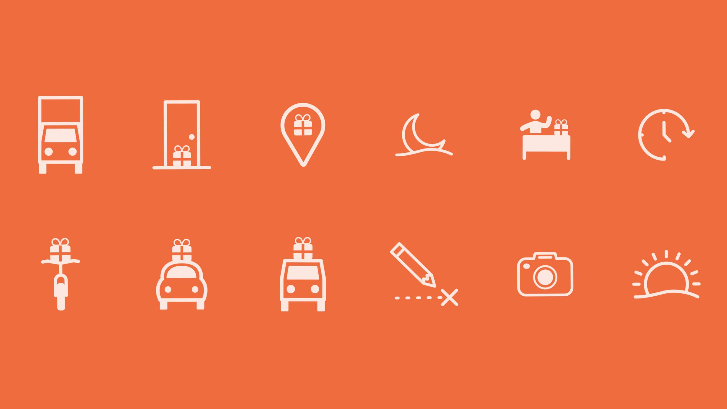 Twelve coral line icons: vehicles, a door, map pins, a moon, a sunrise, a clock, a camera and a signature.