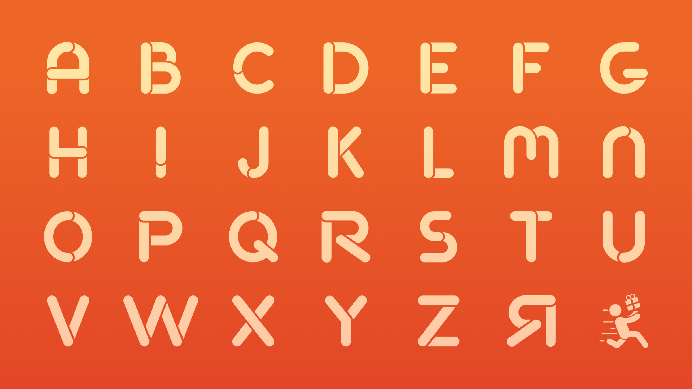 The Runur custom alphabet in cream on an orange gradient, A to Z plus the running figure.