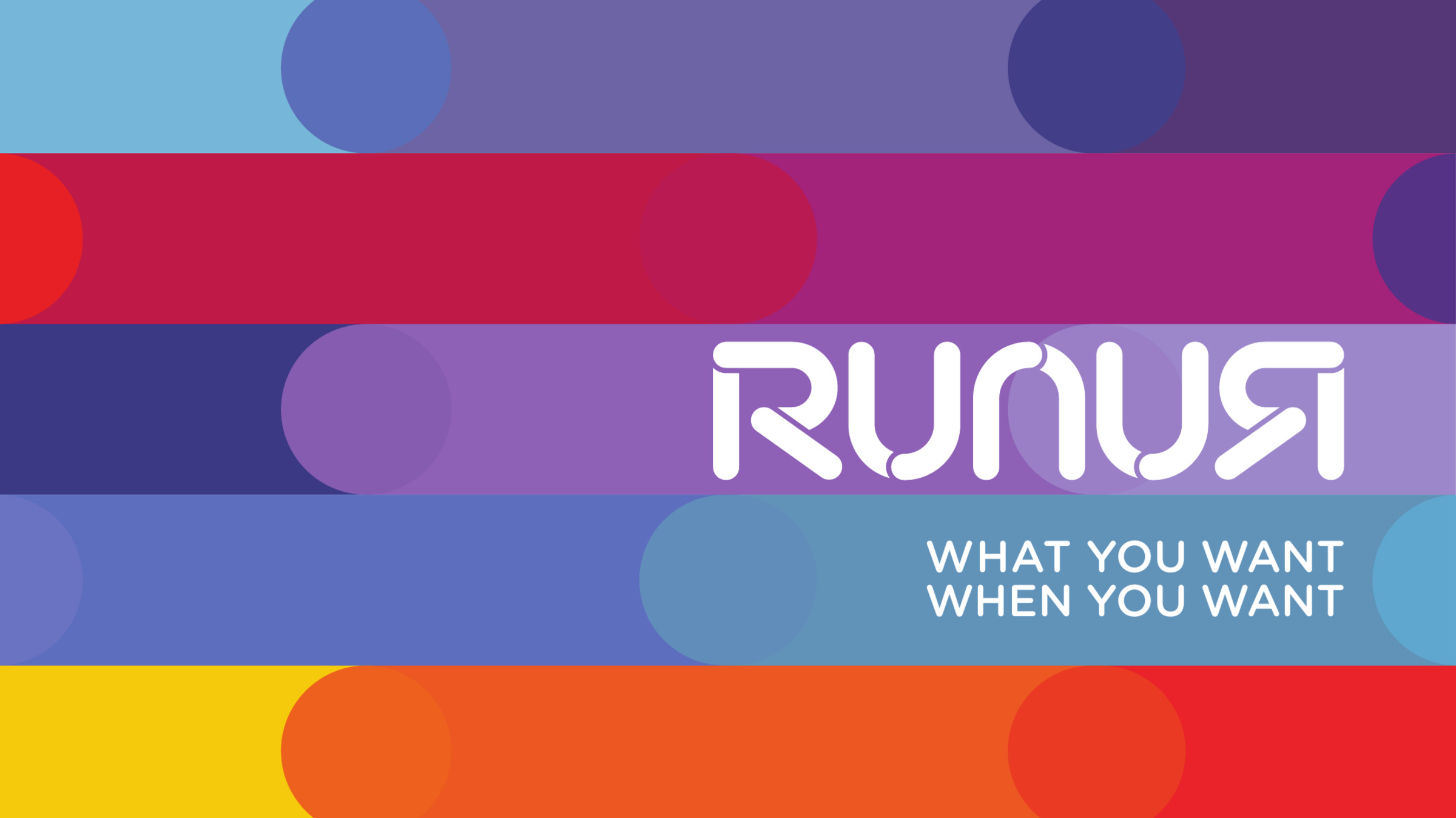 The back of the Runur business card: the white wordmark and the line "What you want when you want" over overlapping colored strokes.