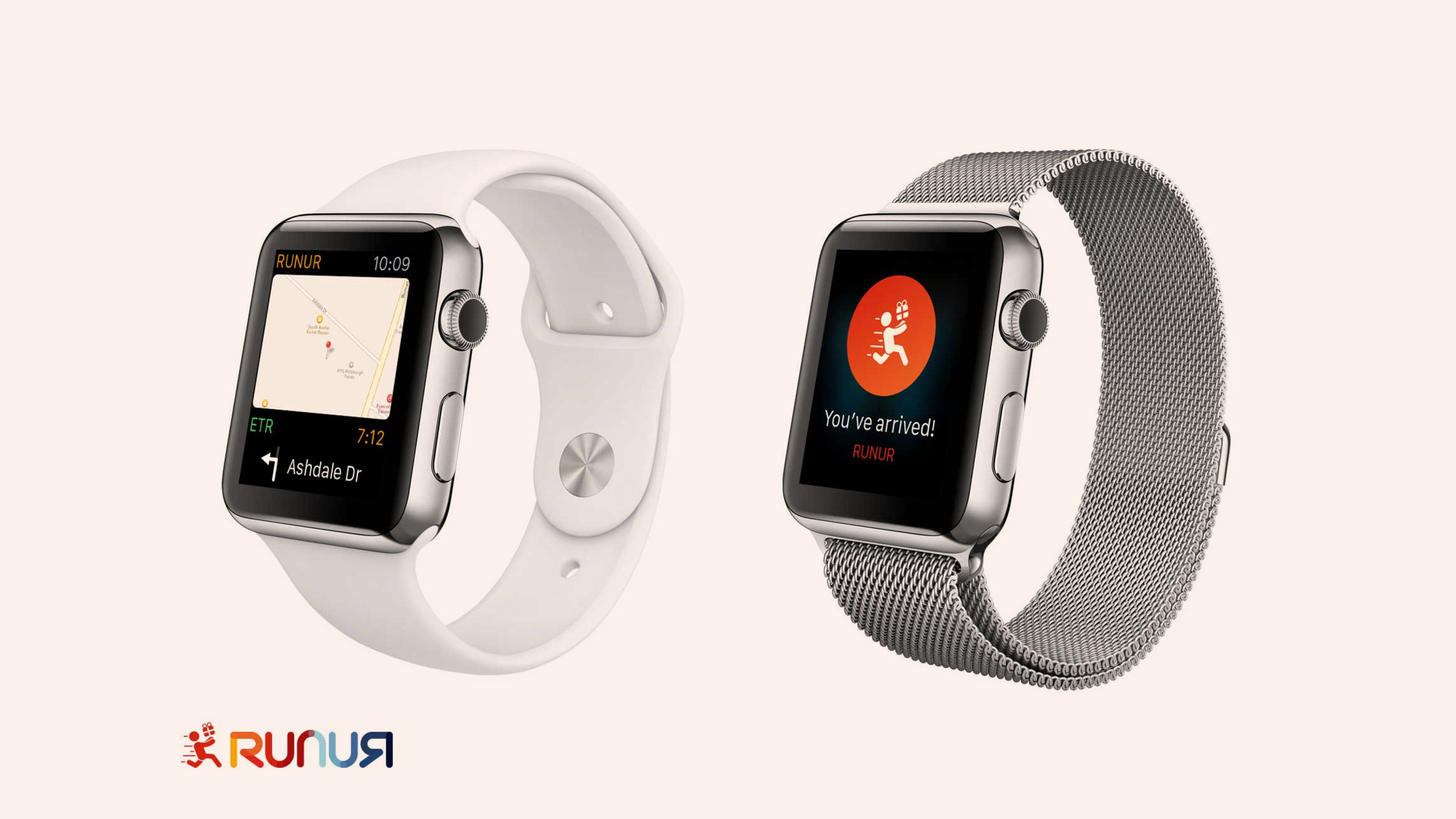 Two Apple Watches showing Runur: a map with directions and a "You've arrived" screen.