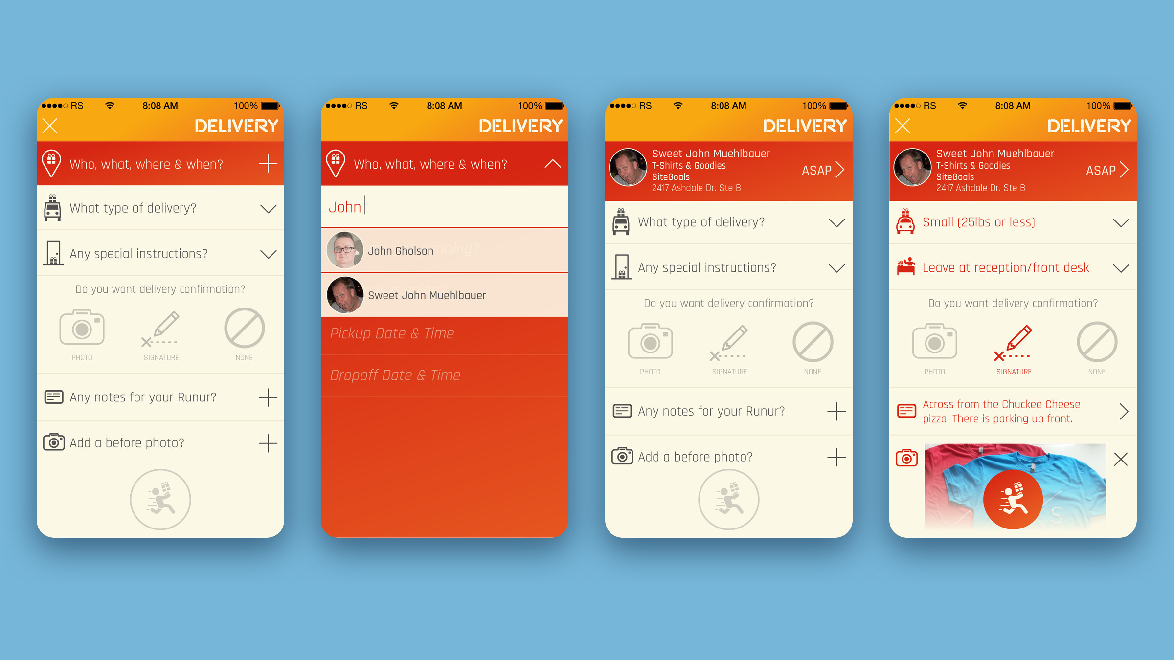Four Buyer View screens on a flat ground: the delivery form, picking a recipient, the pickup details filled in and the delivery type options.