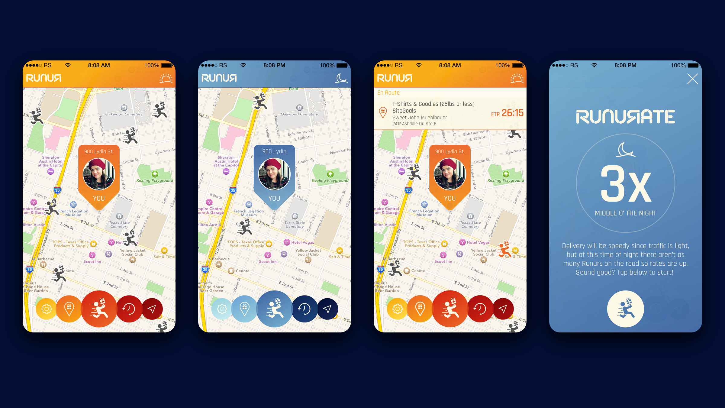 Four Runur screens: the daytime map, the same map at night in blue, a Runur en route with an ETA, and the Runurate notice with 3x in the middle of the night.