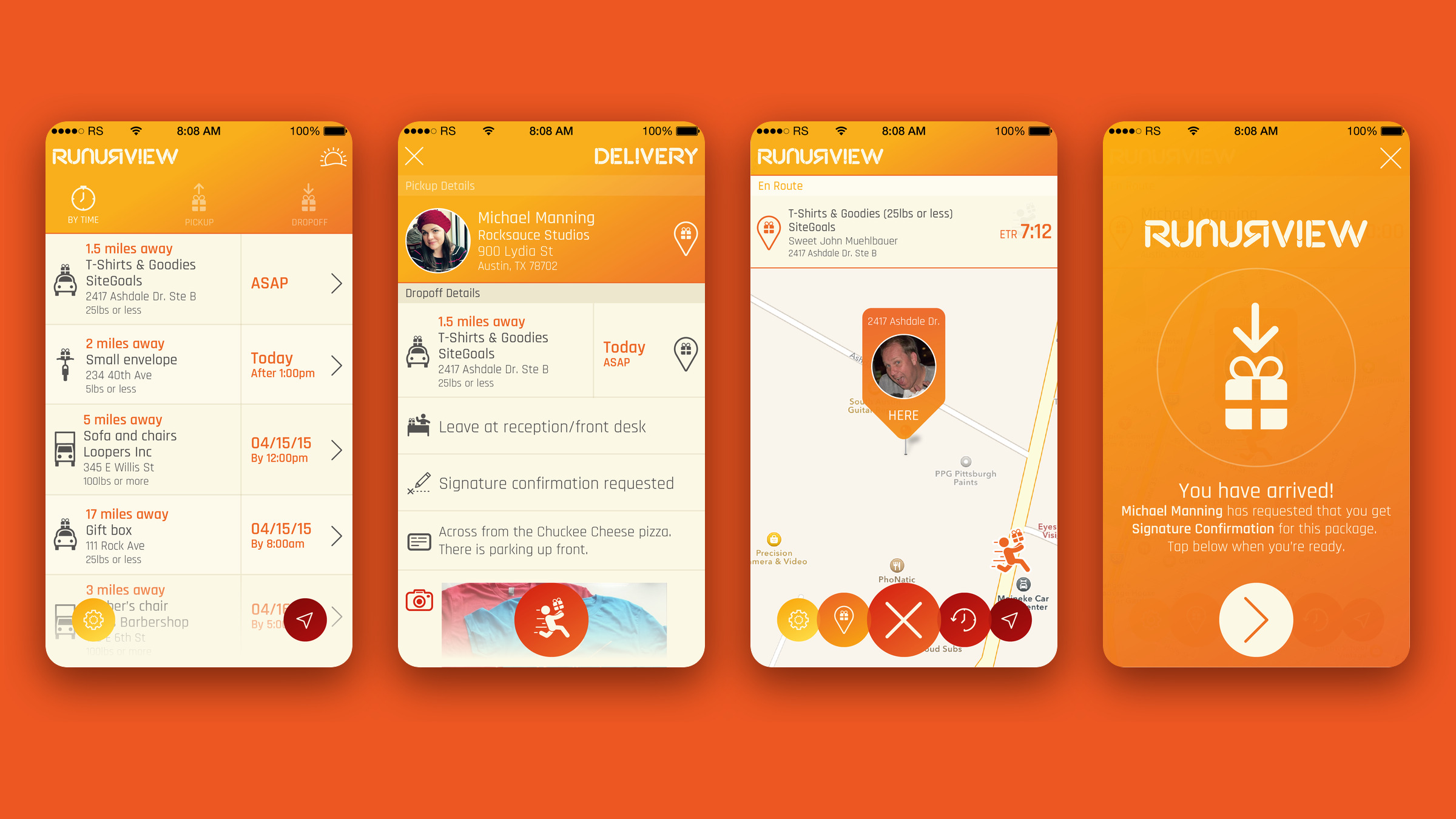 Four Runur View screens: the list of available deliveries, the pickup and drop-off details, the map to the drop-off and the You have arrived screen.