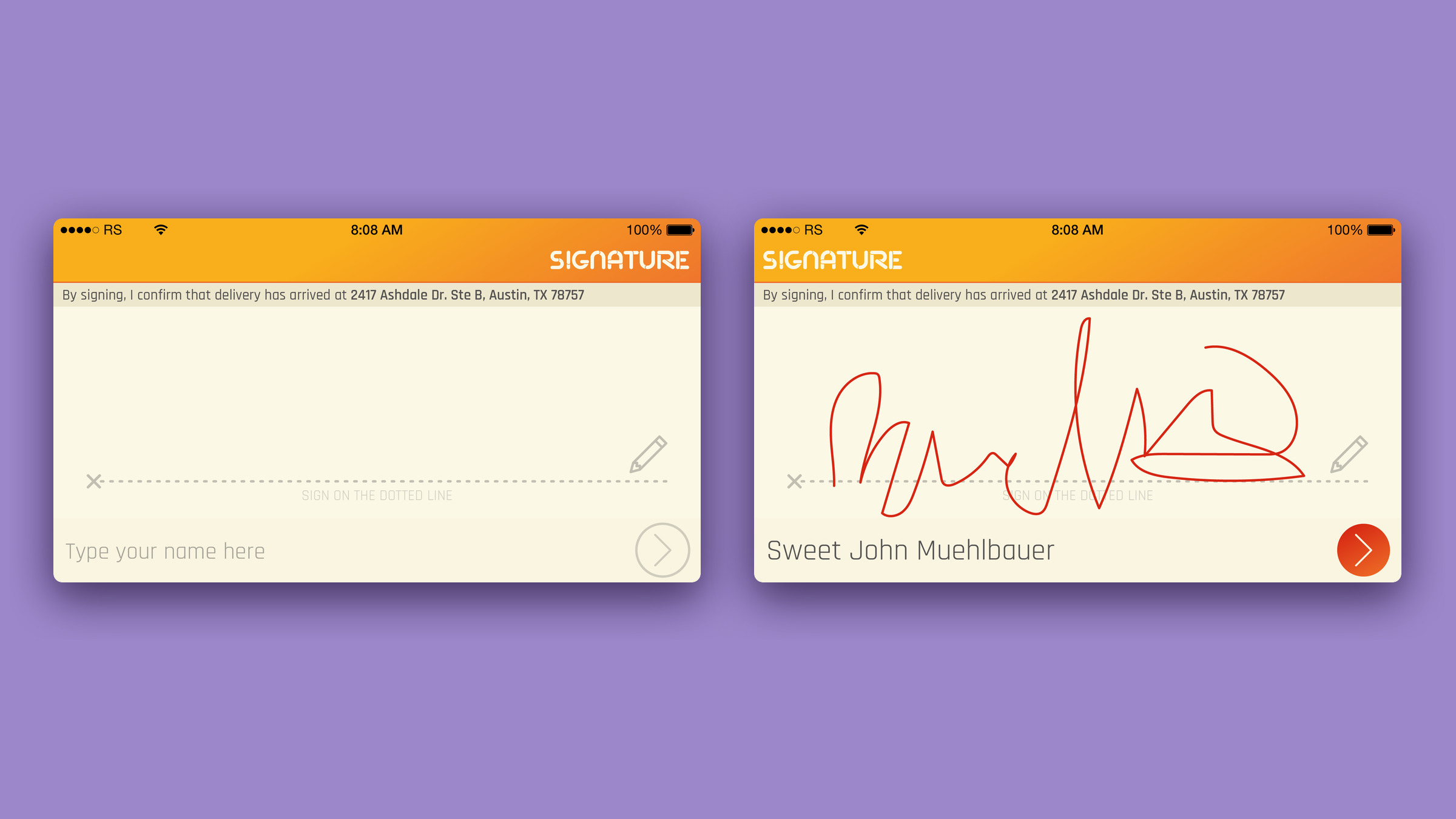 Two Signature screens: the empty signature line, and the same screen signed with a typed name.