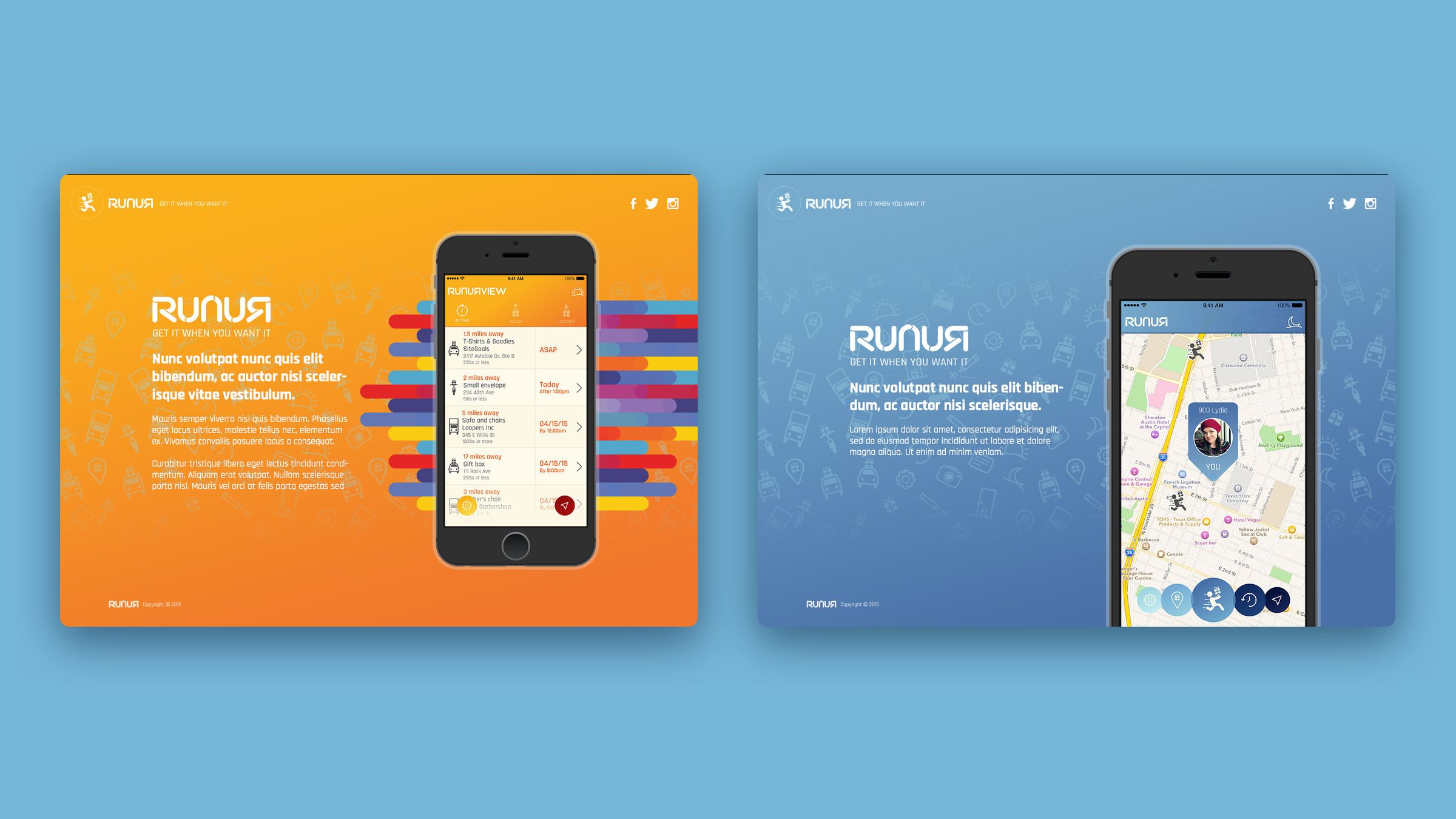 Two panels of the Runur marketing site: a phone showing Runur View on an orange ground, and a phone showing the map on a blue ground, each with the color bands running behind it.