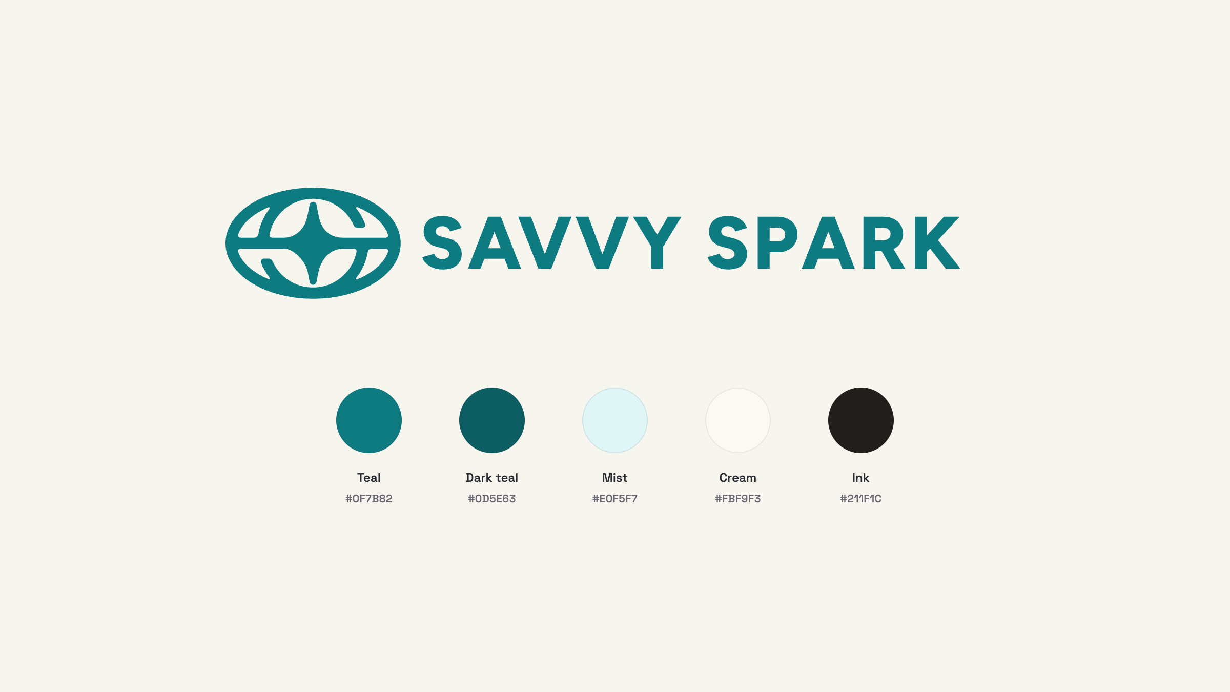 The Savvy Spark logo from savvyspark.ai, the globe mark and wordmark in teal, above its five brand colors: Teal #0F7B82, Dark teal #0D5E63, Mist #E0F5F7, Cream #FBF9F3 and Ink #211F1C