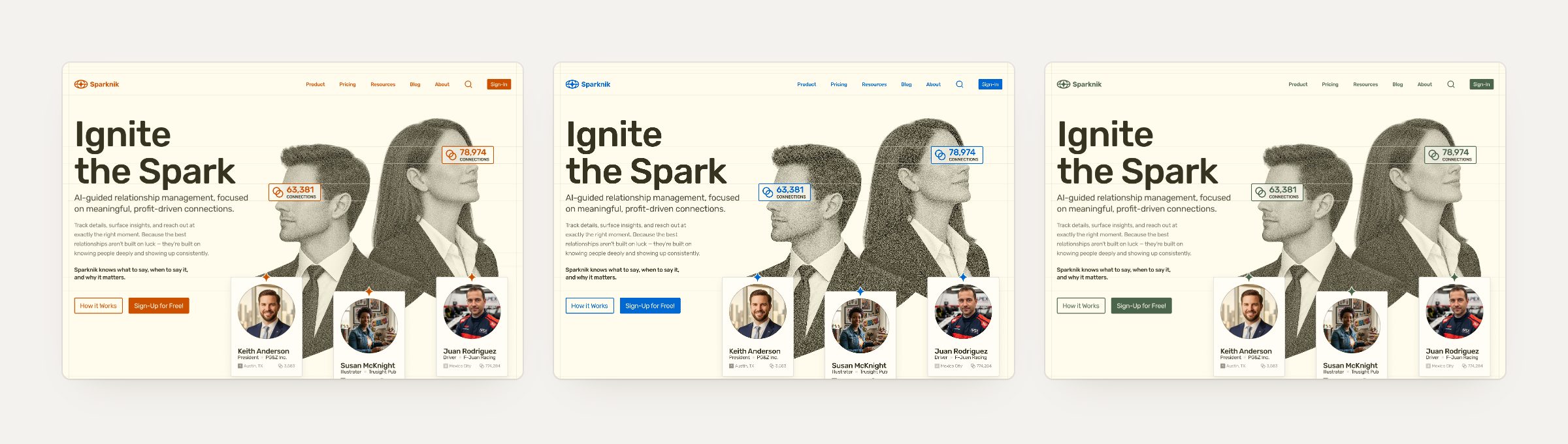 The Sparknik homepage, Ignite the Spark, three times: with an orange accent, a bright blue accent and a muted green accent
