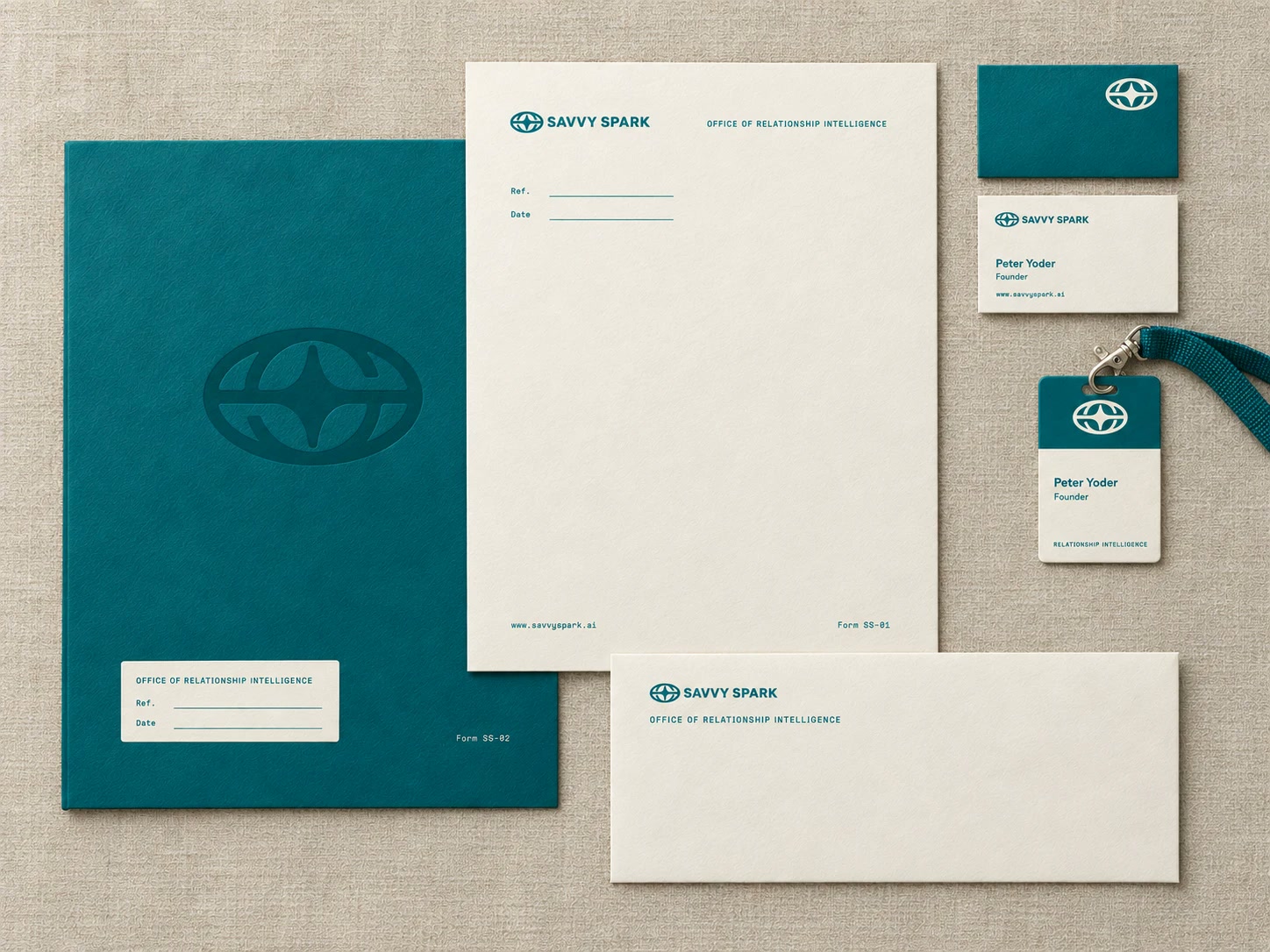 Savvy Spark stationery on linen, in teal and cream: a teal report cover with the mark debossed large and a label from the Office of Relationship Intelligence for Ref. and Date, Form SS-02; a letterhead with Ref. and Date lines, Form SS-01; a number 10 envelope; the two business cards, the teal back with the mark and the cream front for Peter Yoder, Founder; and an ID badge for Peter Yoder on a teal lanyard
