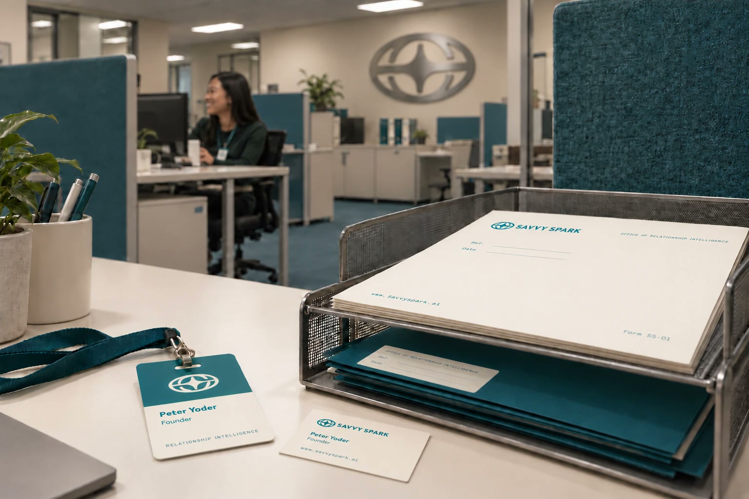 A Savvy Spark ID badge for Peter Yoder, Founder, on a teal lanyard and his business card beside a wire tray holding the letterhead and teal folders with the mark, in an open office with teal partitions, a colleague smiling at her desk and the brushed steel mark on the far wall