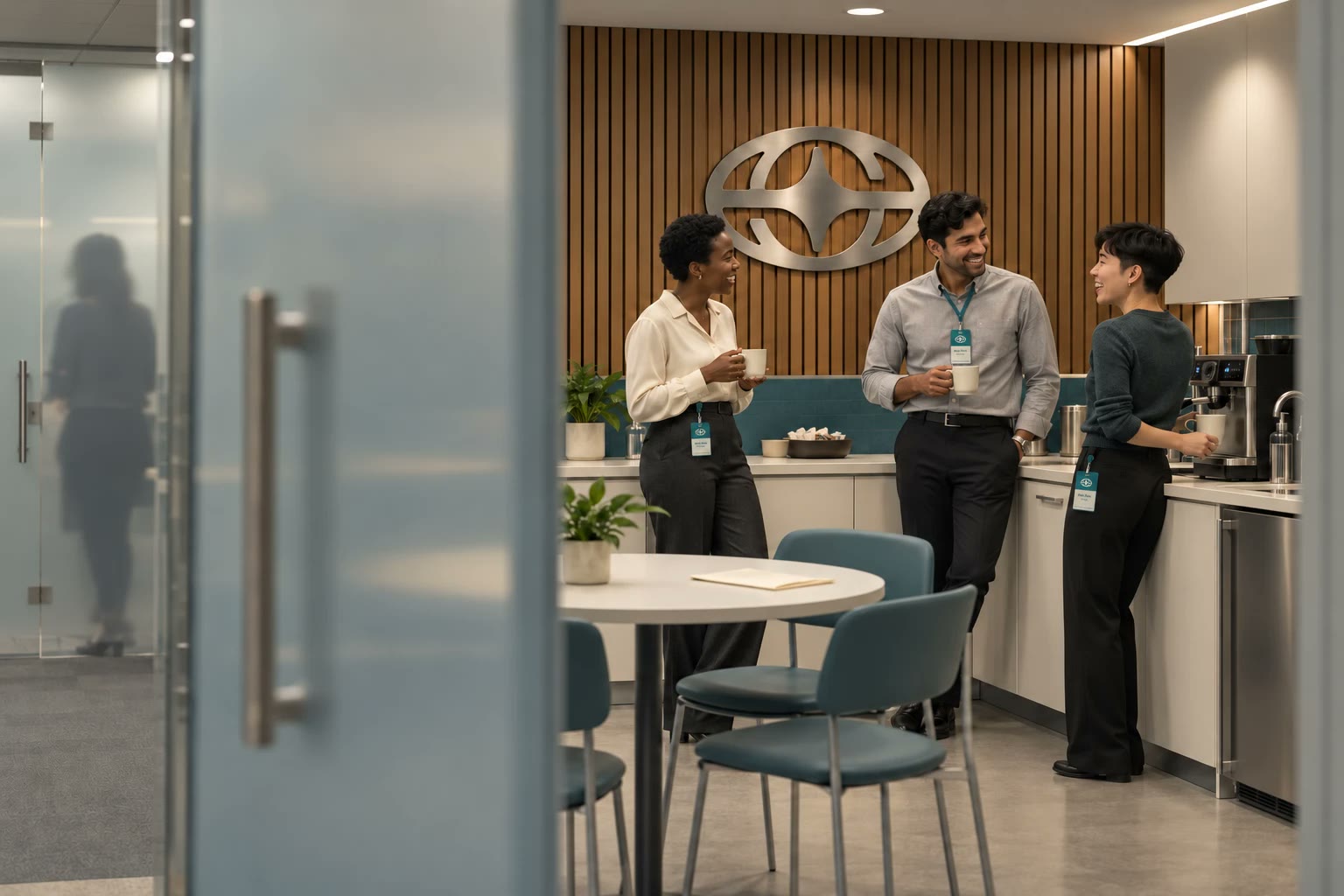 Three colleagues with teal Savvy Spark badges laughing over coffee in a break room, the brushed steel mark on a slatted wood wall behind them