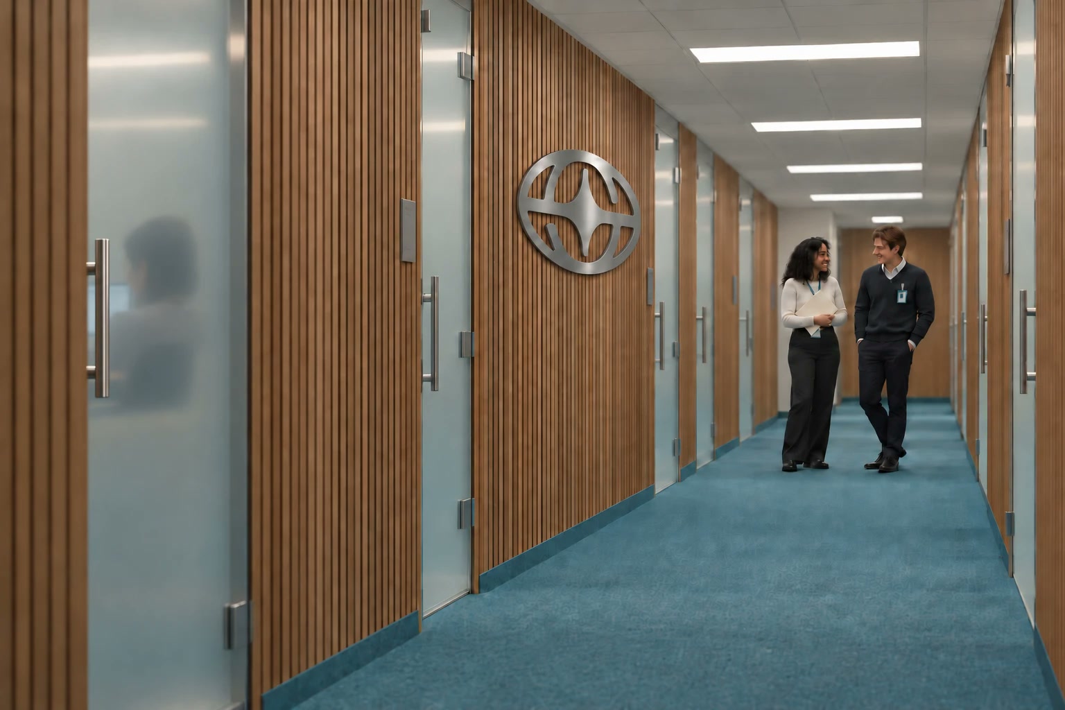Two colleagues walking a long corridor of slatted wood and frosted glass doors on teal carpet, the brushed steel mark on the wall