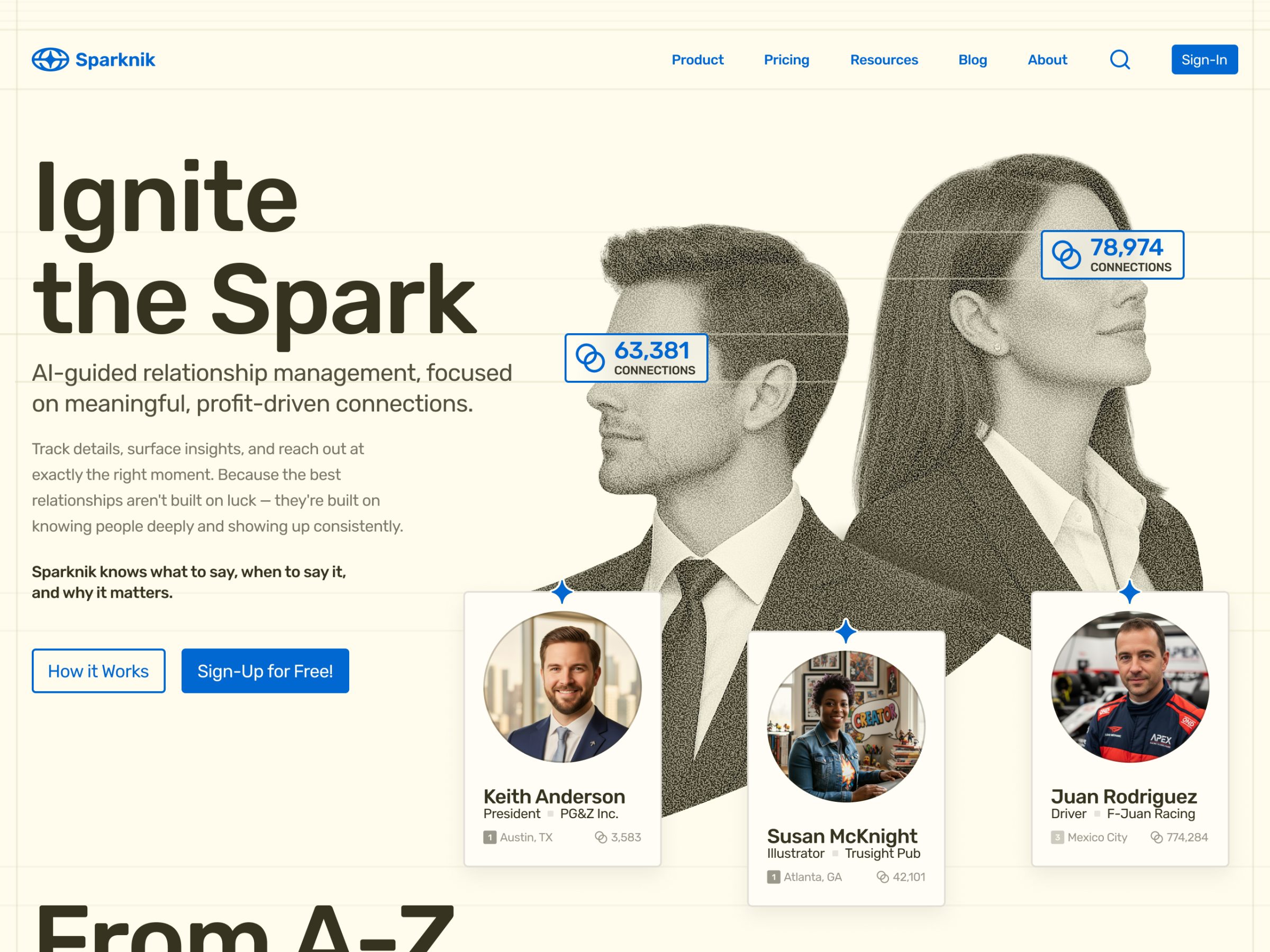 The first homepage, as Sparknik: Ignite the Spark, AI-guided relationship management, an engraved portrait of a man and a woman with connection counts, and three scored profile cards