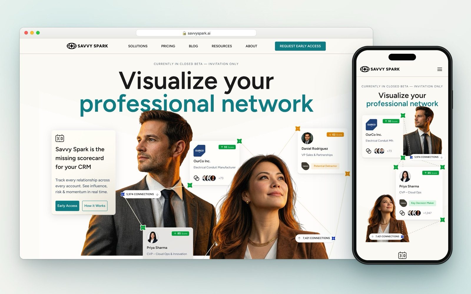 savvyspark.ai in a desktop browser with the phone version beside it: Visualize your professional network