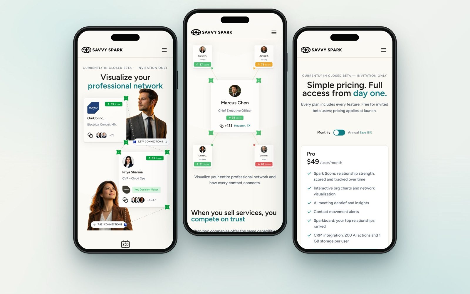 Three phones showing savvyspark.ai: the homepage, the network map and pricing