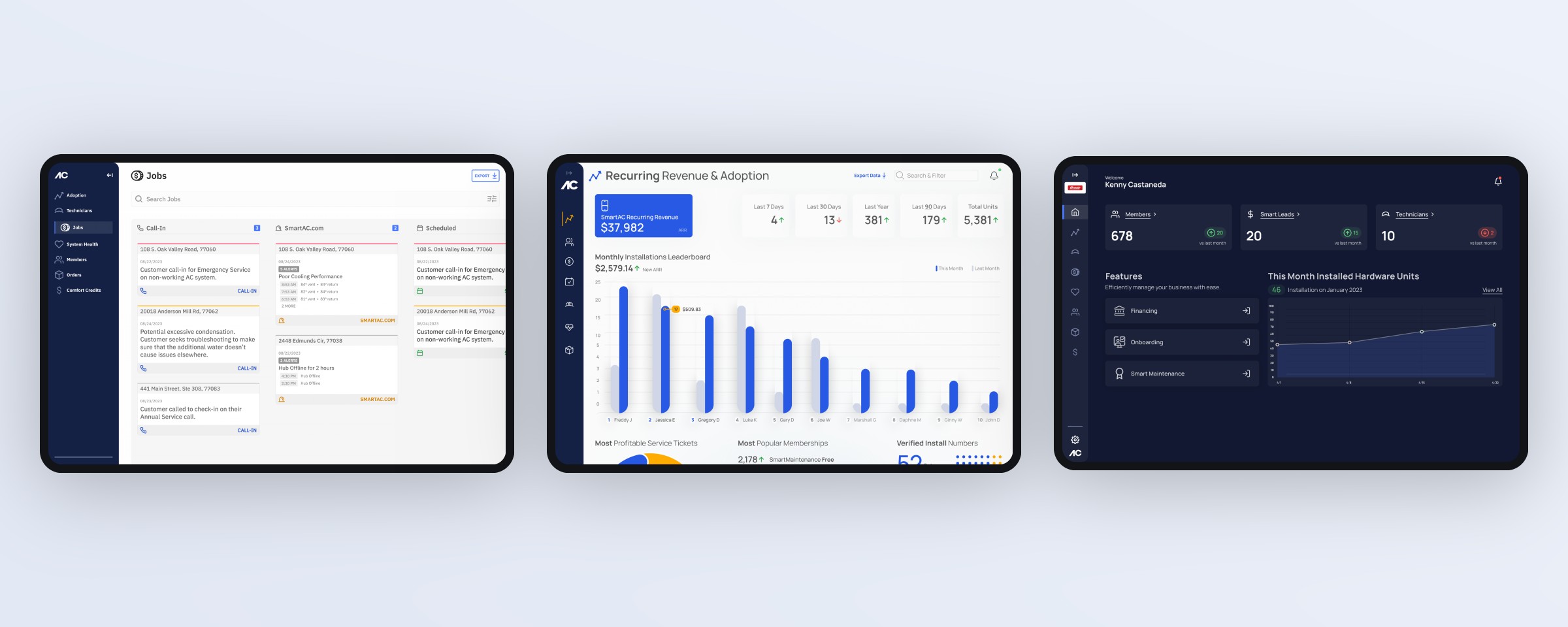 The partner home three times: a light 2023 jobs board, the early 2024 recurring revenue dashboard, and the final dark home