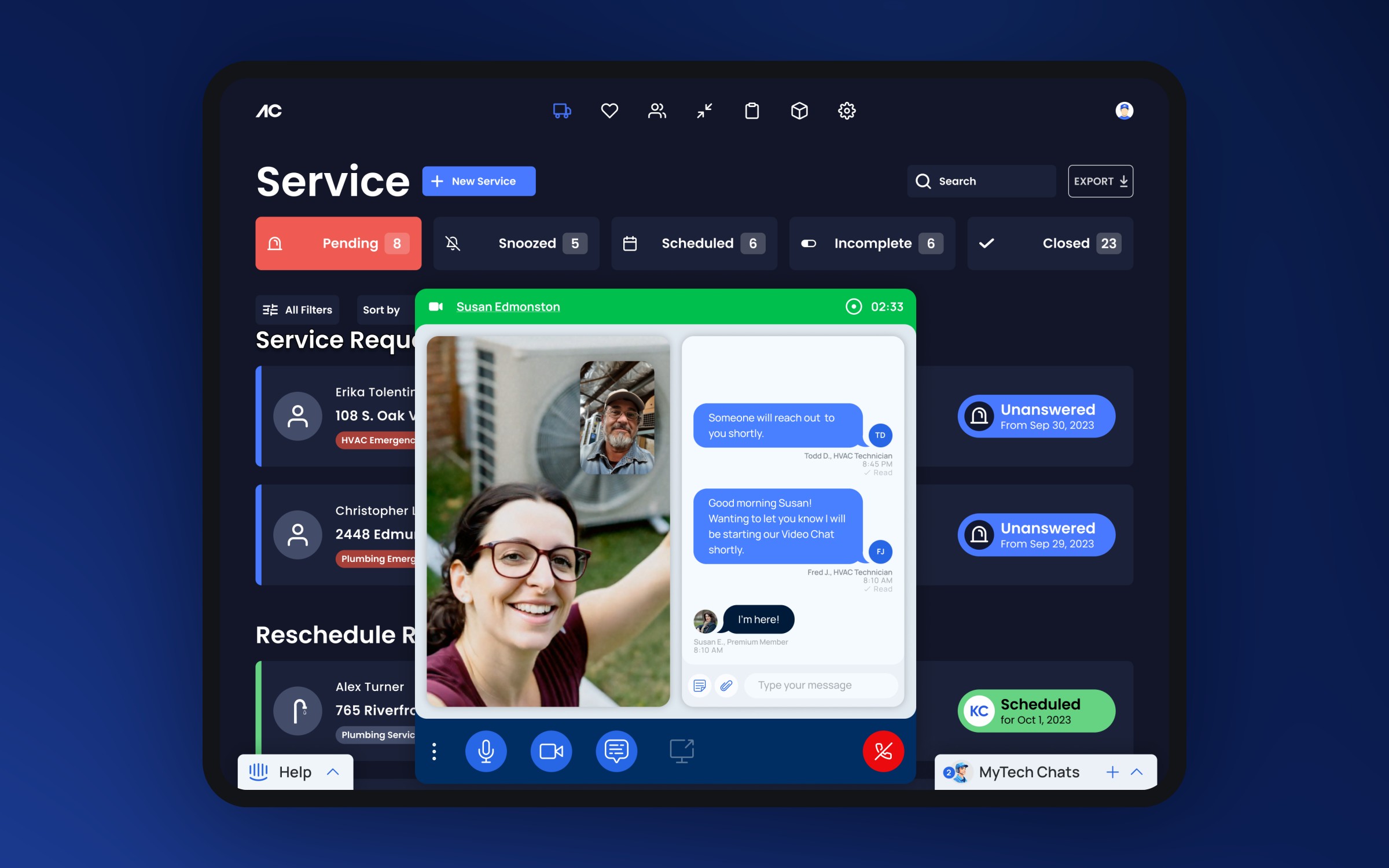 MyTech inside Service: a live video call with a member, the chat running beside it