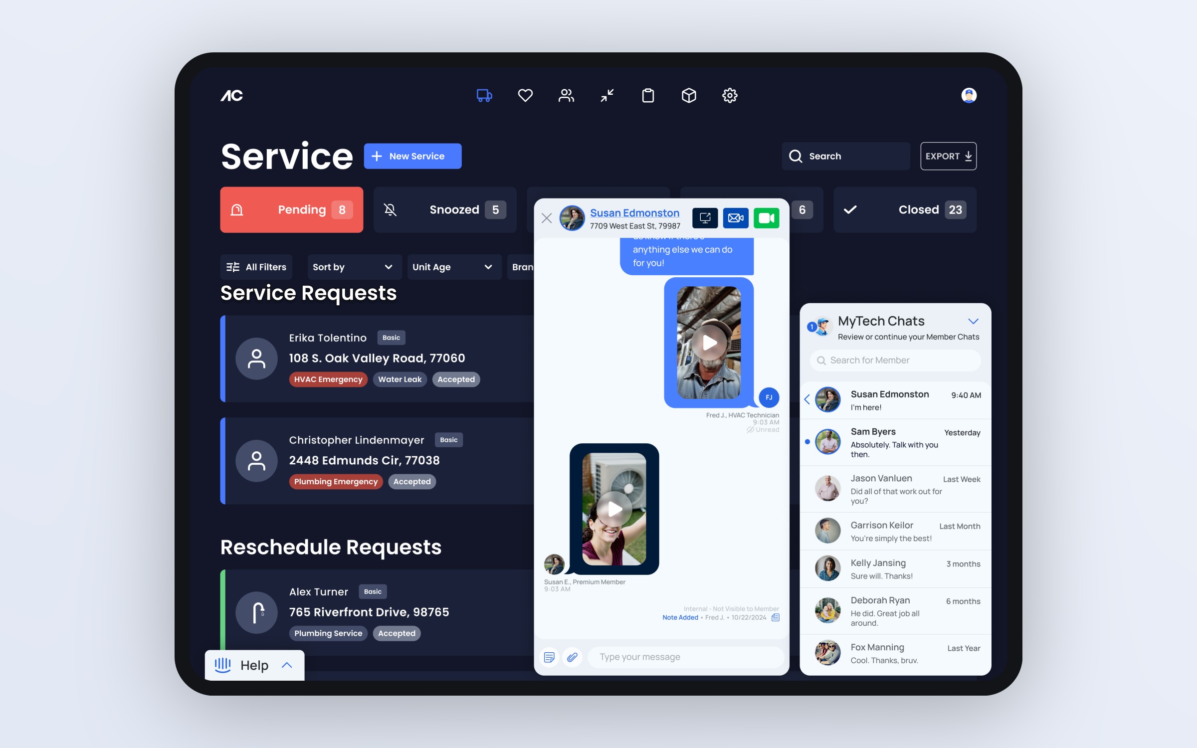 MyTech: video messages between a technician and a member, beside the MyTech chat list