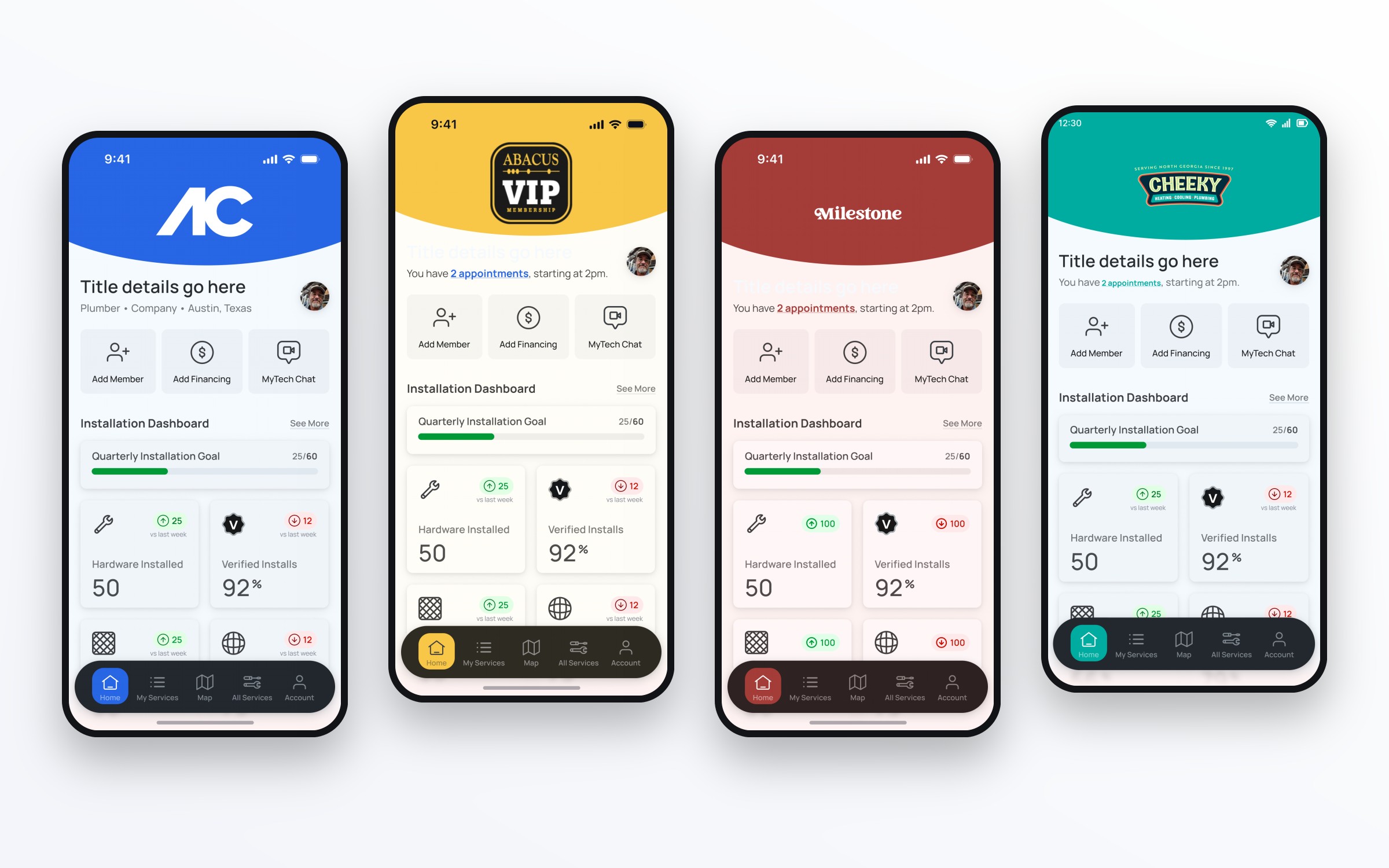 The Pro app four times, themed for AC, Abacus, Milestone and Cheeky