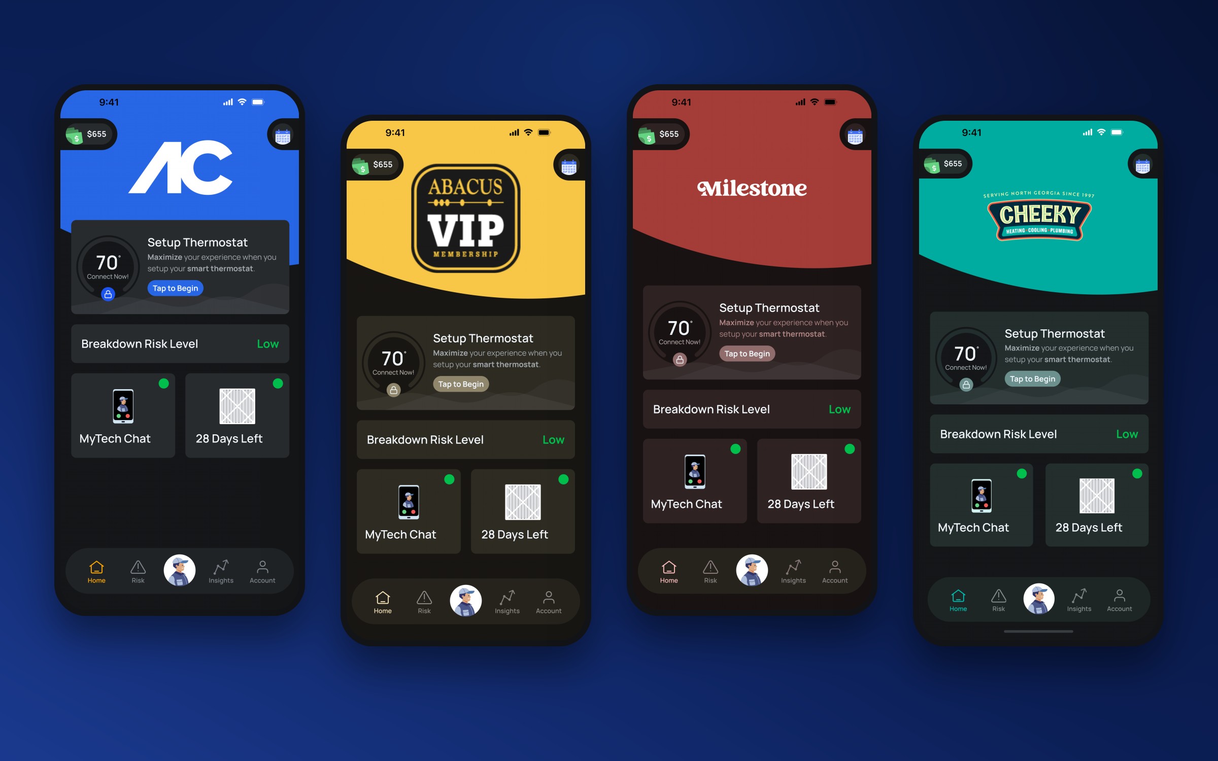 The member Home app in the same four partner brands, on dark