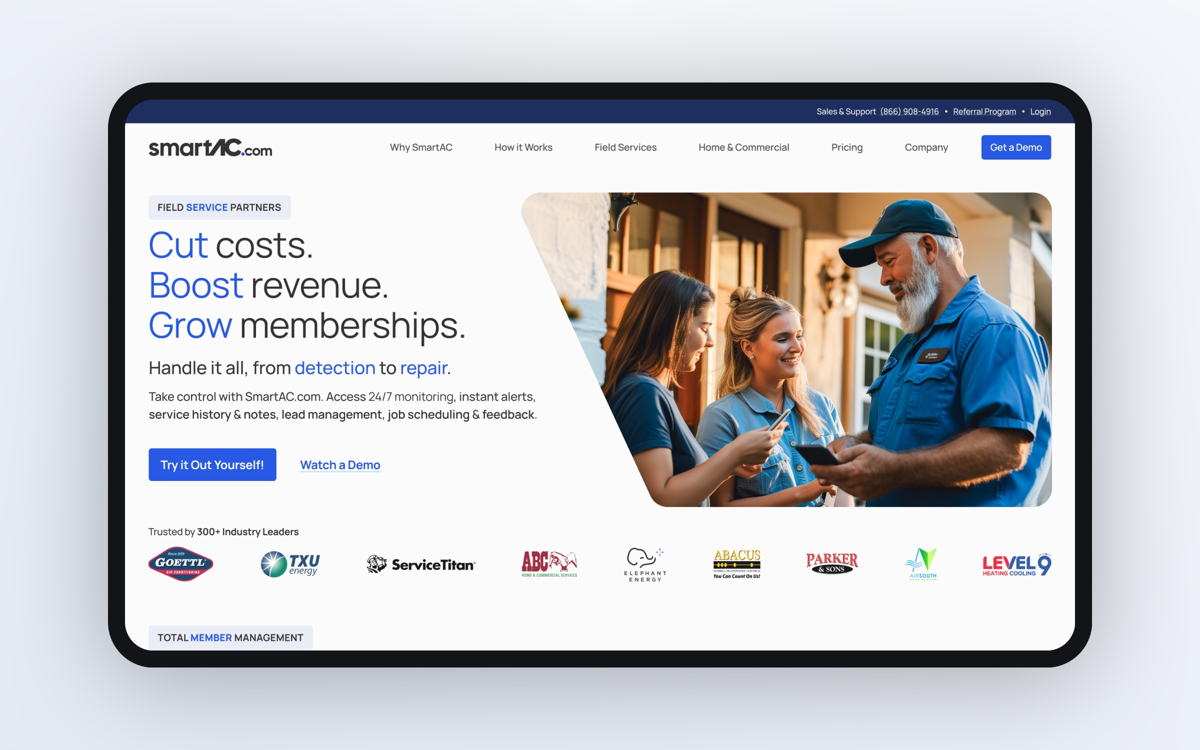 The SmartAC.com partner website on a display, scrolling from the hero (cut costs, boost revenue, grow memberships) through members, partners and technicians, the partner app demo and the four-step setup