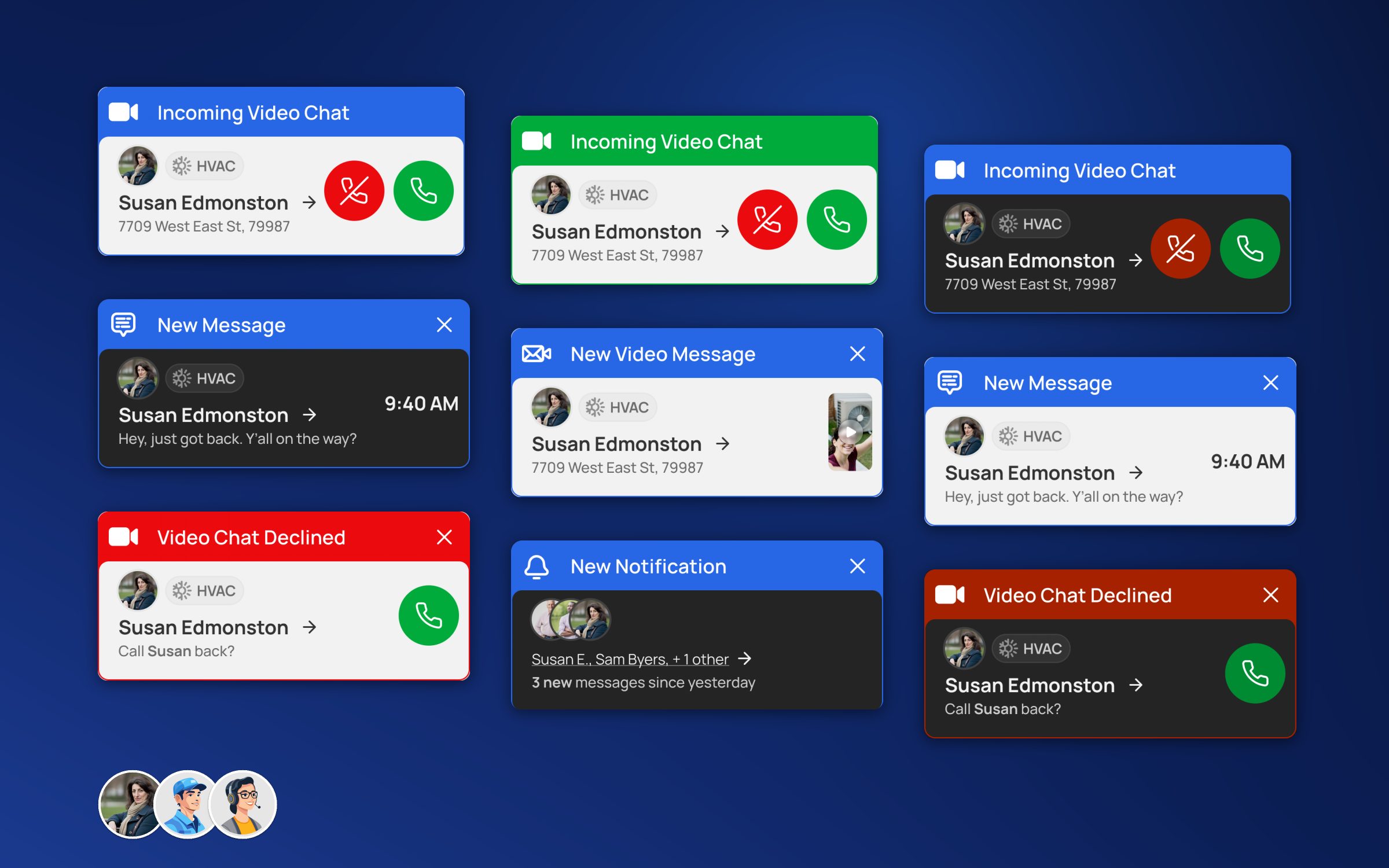 Nine message cards in light and dark: incoming video chat with decline and answer controls, new message, new video message, declined video chat and a notification, with a small group of avatars: photo, MyTech and CSR