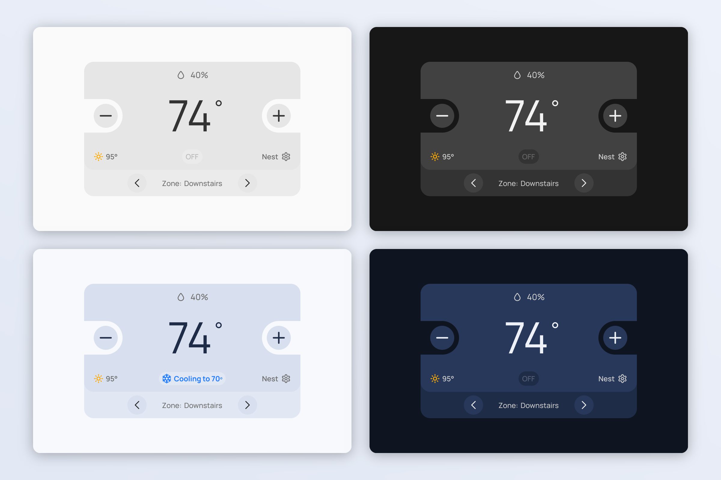 The thermostat module in four themes: light, dark, SmartAC light and SmartAC dark