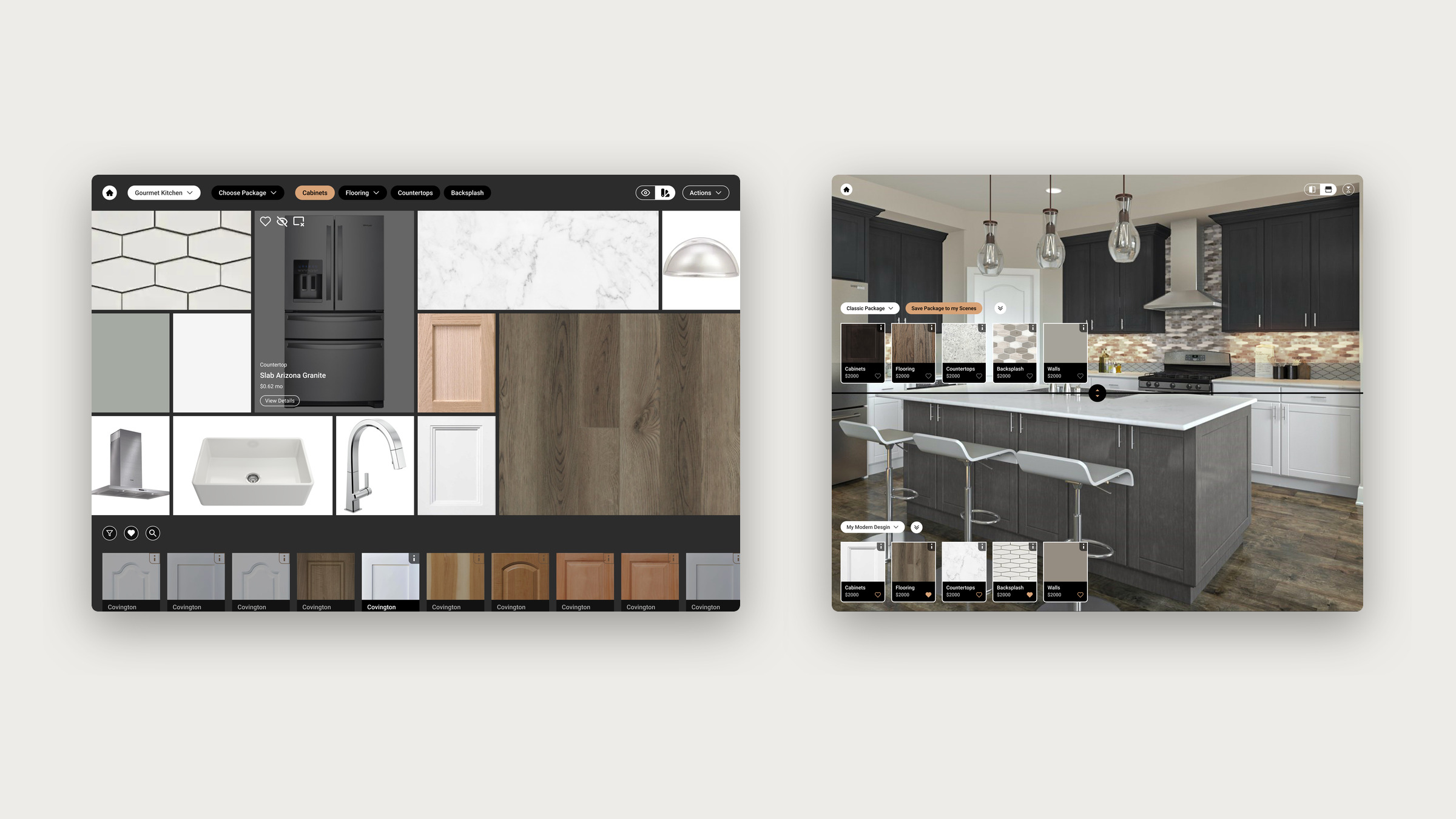 A mood board of kitchen finishes beside a kitchen split into two design scenes for comparison.