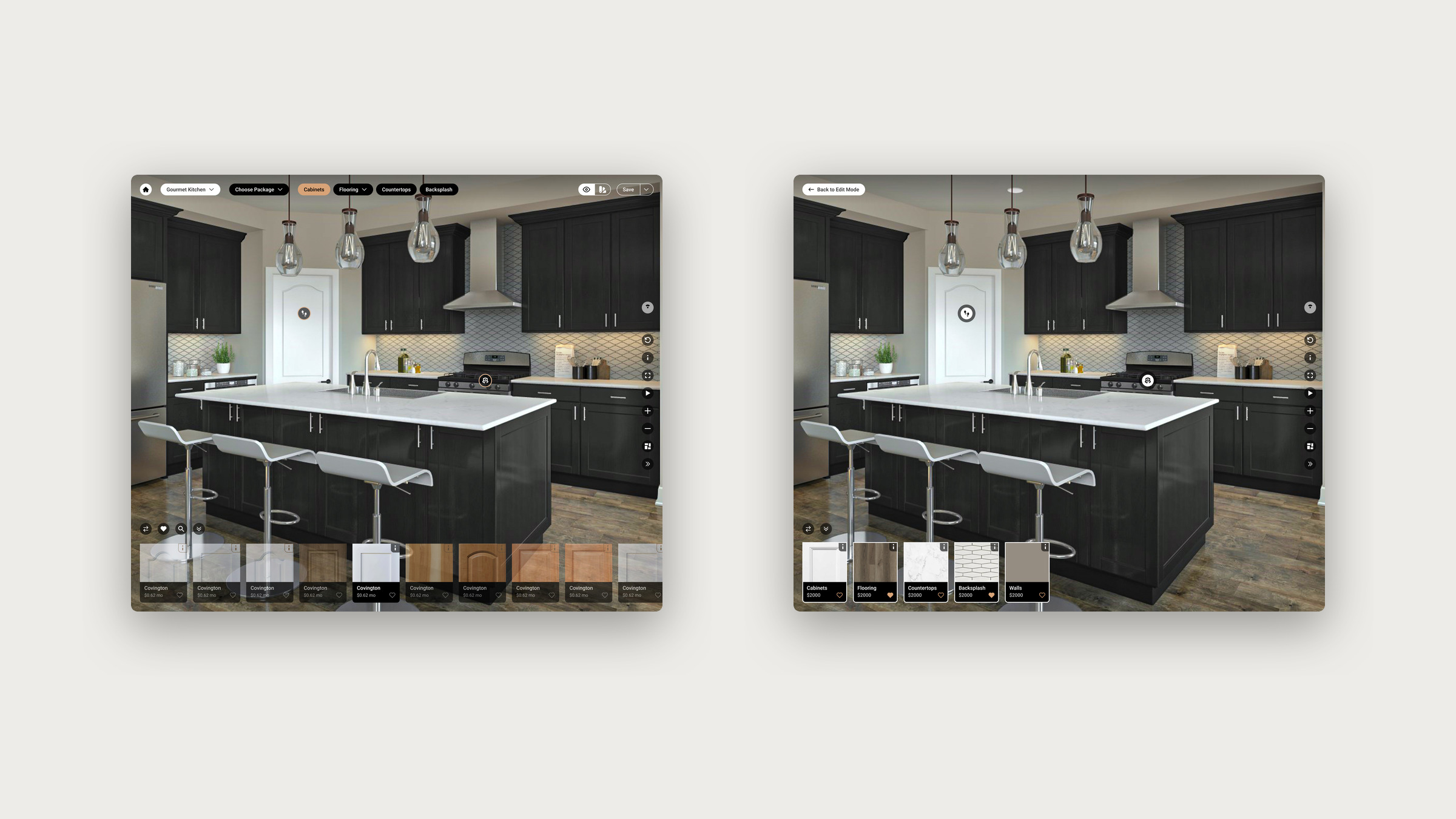 A dark-theme kitchen visualizer with a swatch tray beside the same kitchen with a selection summary bar of cabinets, flooring, countertops, backsplash and walls.