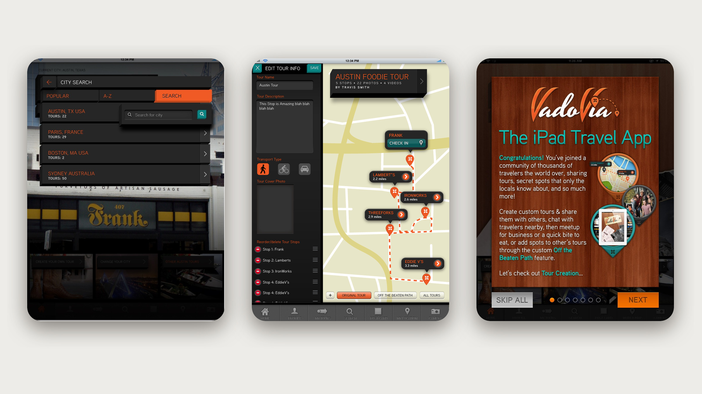 Three iPad screens: a city search list, the Edit Tour Info create flow beside a map, and the seven-page first-run tutorial on a wood-grain background.