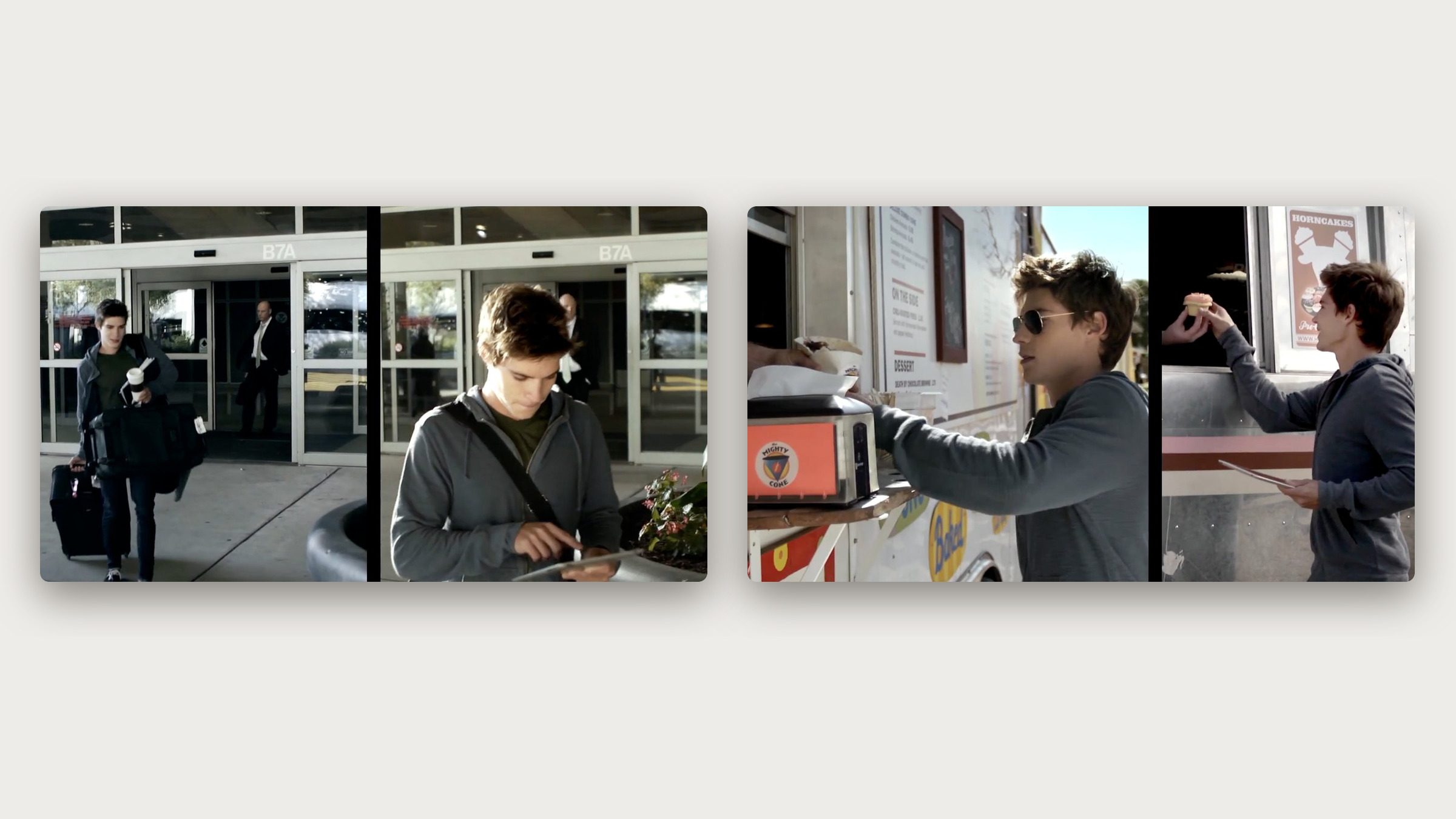 Two split-screen frames from the commercial: a traveler leaving the airport beside his parallel self with an iPad, and two travelers at a food trailer.