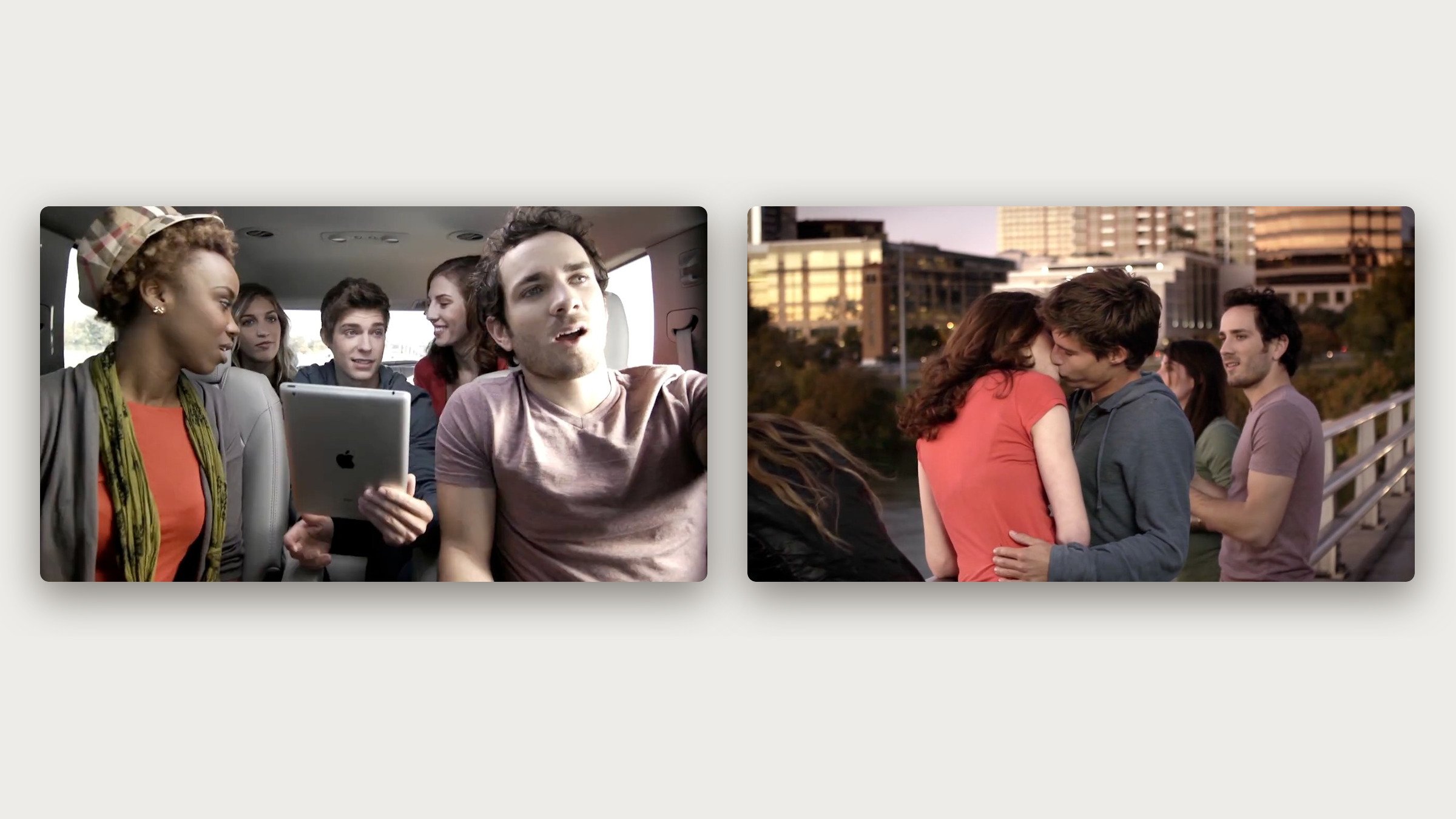 Two frames from the commercial: friends crowded in a car around an iPad, and the group on a bridge at sunset.