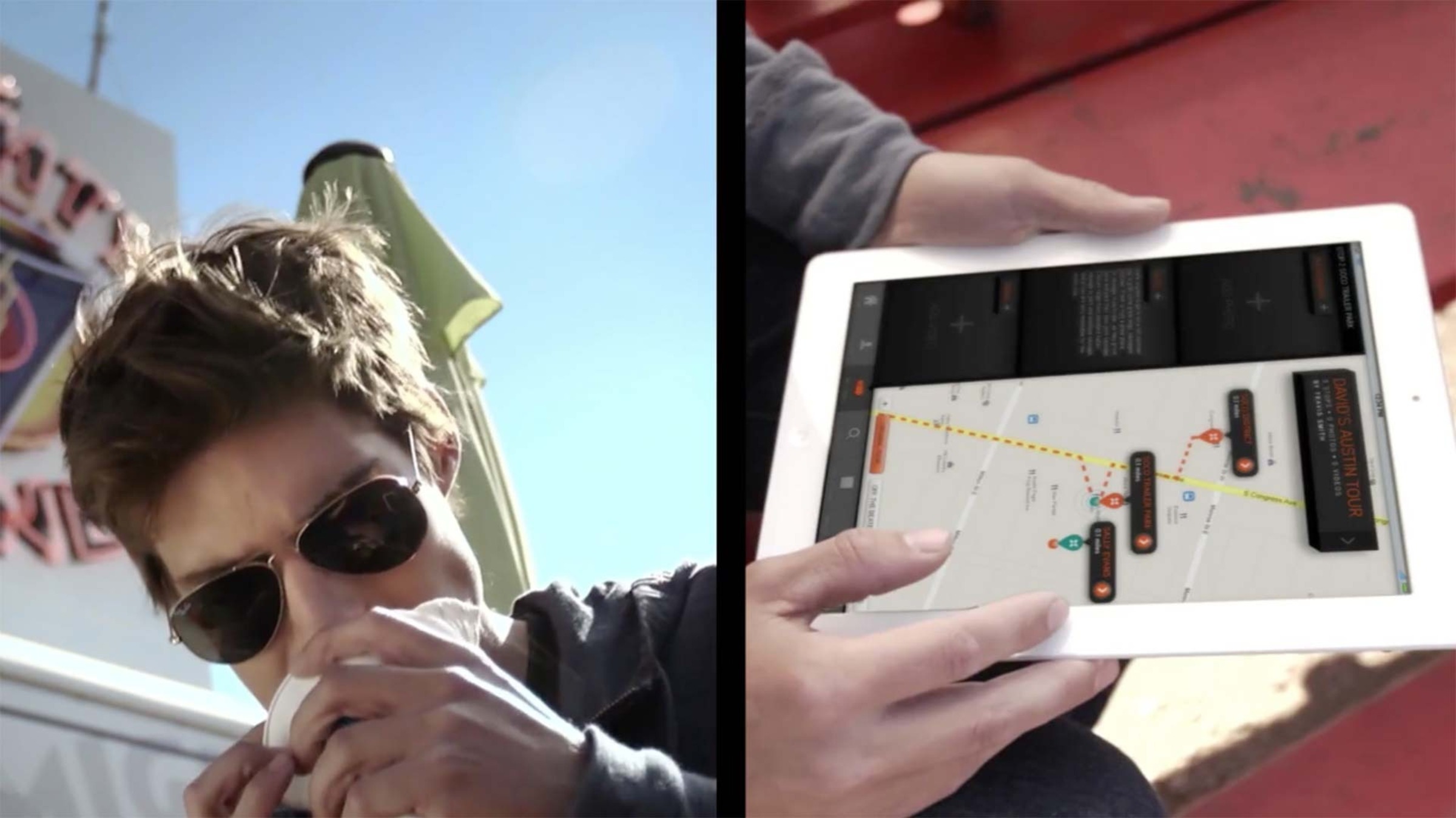 Split-screen frame from the commercial: a traveler in sunglasses beside a close-up of an iPad showing the app's tour route.