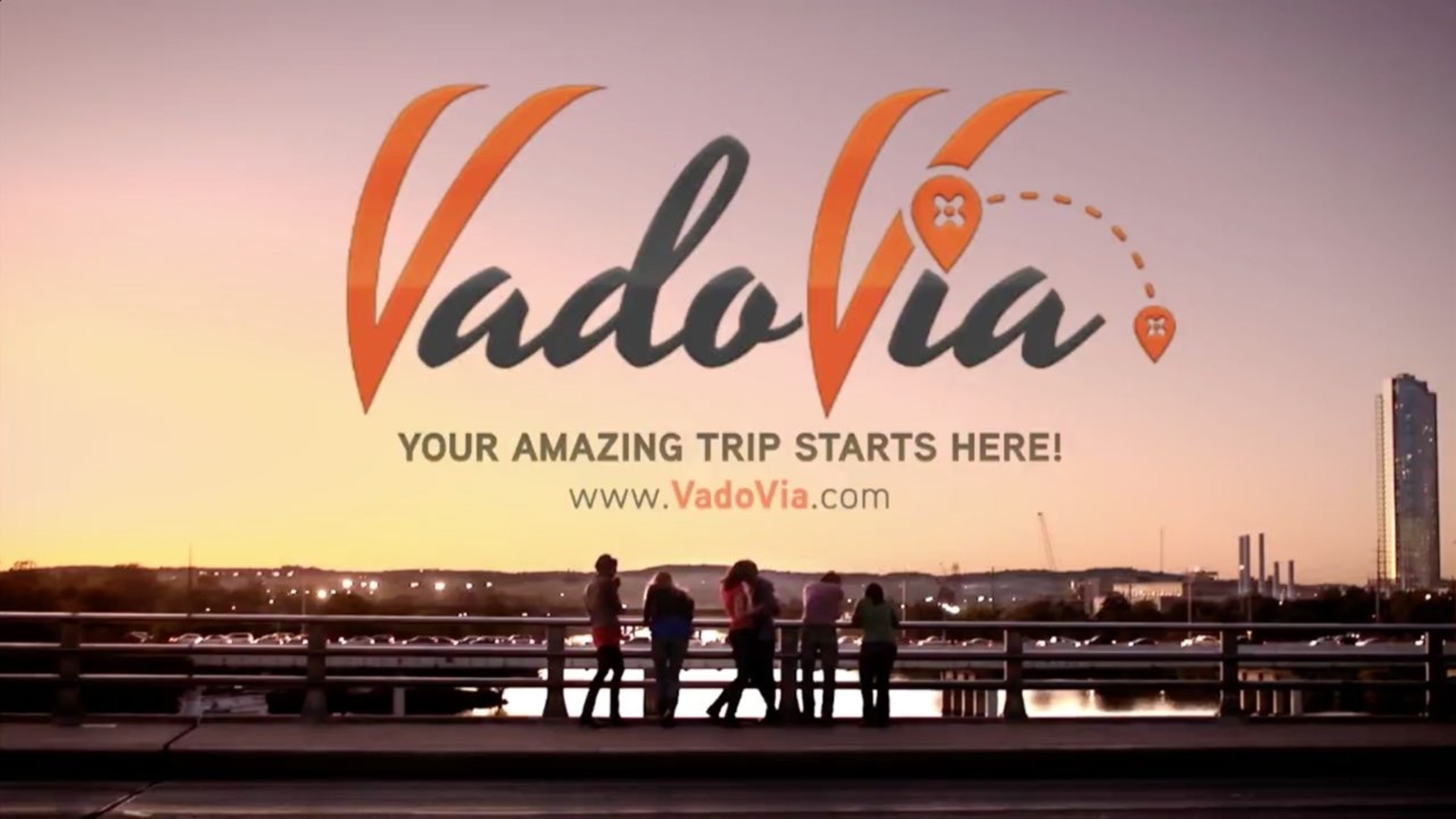 The VadoVia script logo with the line "Your amazing trip starts here!" over an Austin skyline at sunset.