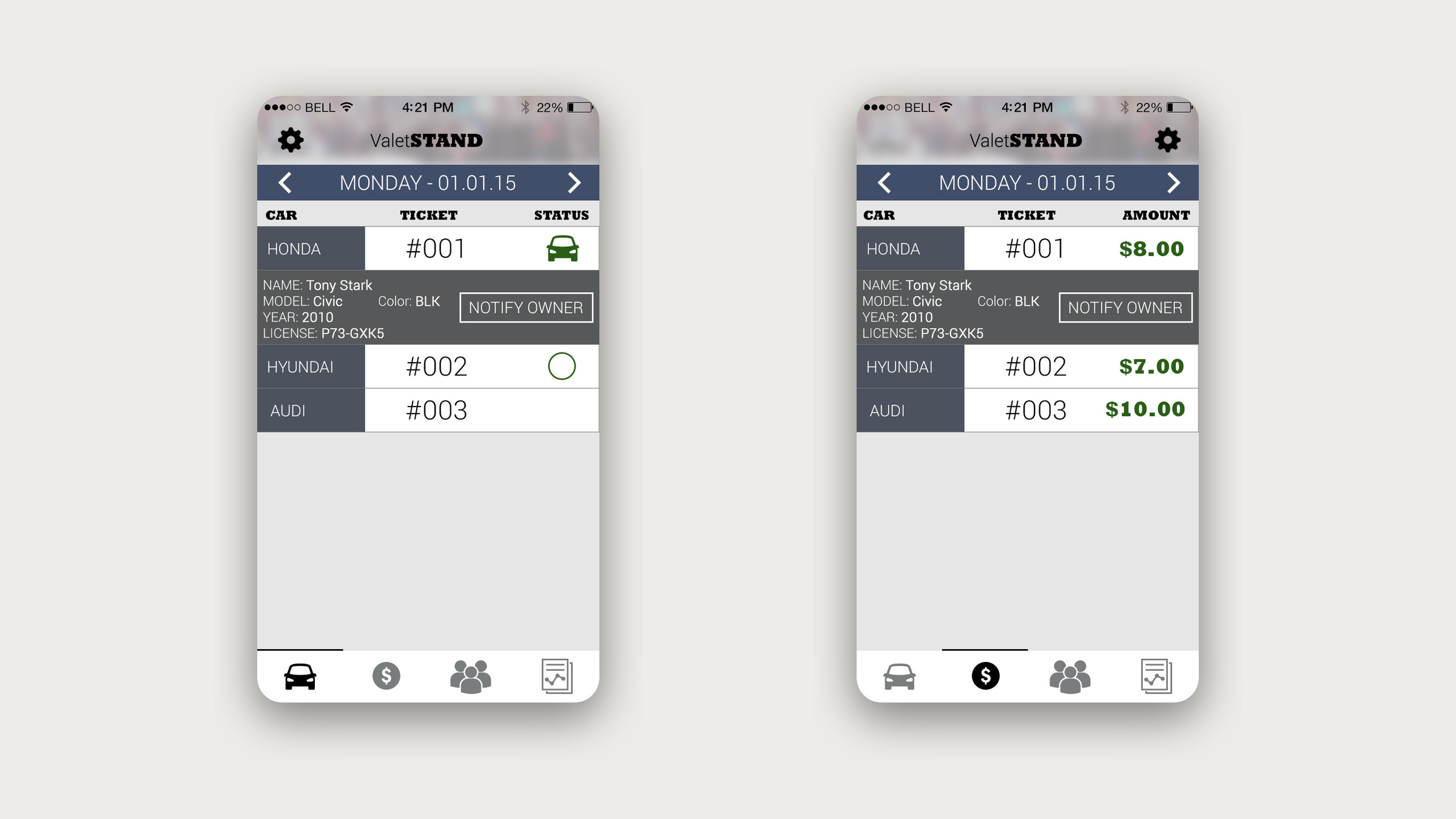 Two ValetSTAND attendant screens: the car list with ticket numbers, and the paid list with amounts.