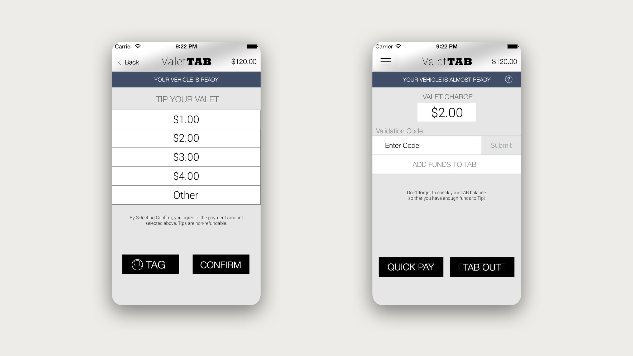 Two ValetTAB screens: choosing a tip for the valet, and the vehicle ready screen with a validation code.