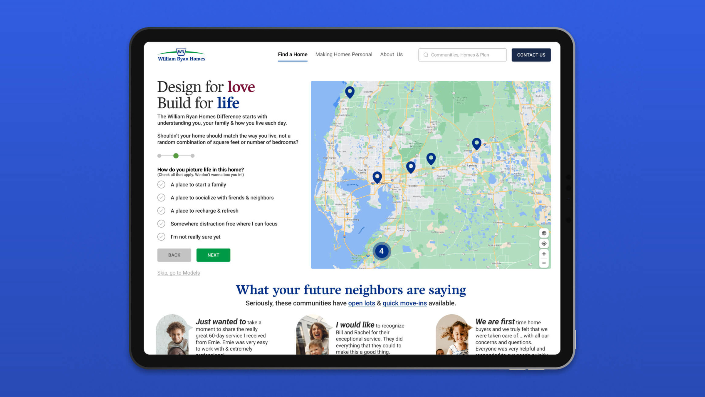 An iPad showing the lifestyle quiz beside a map of communities.