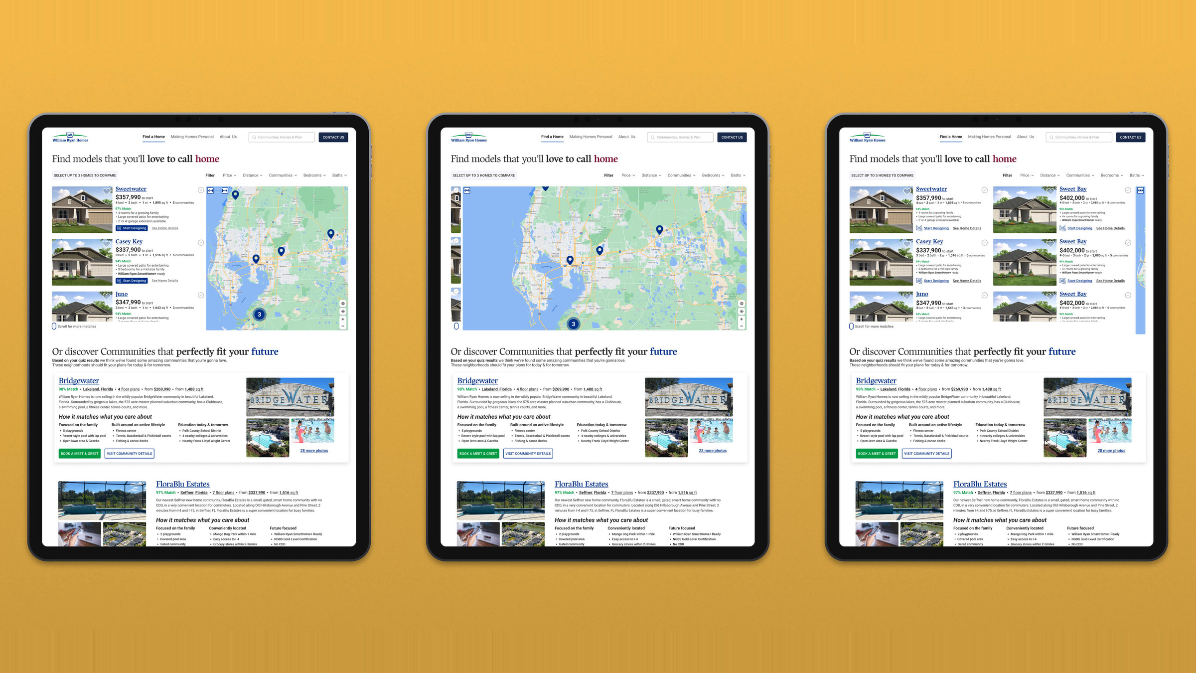 Three iPads showing matched models and communities as a list with a map, as a full map, and as a wider list.