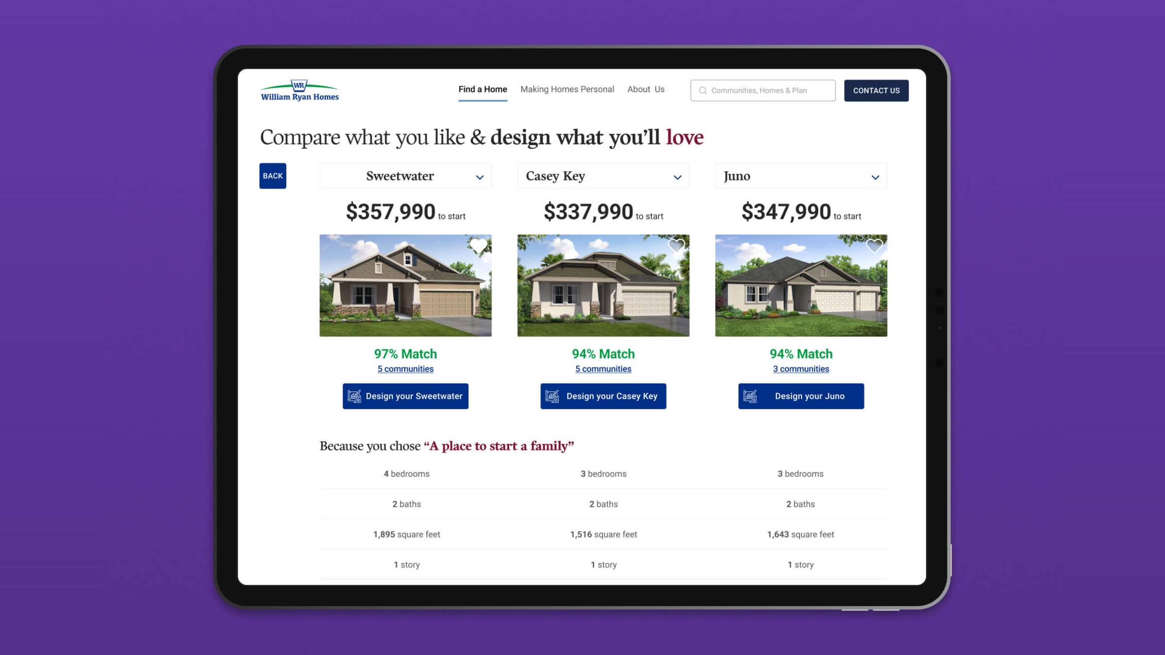 An iPad comparing three home models with match percentages and prices.